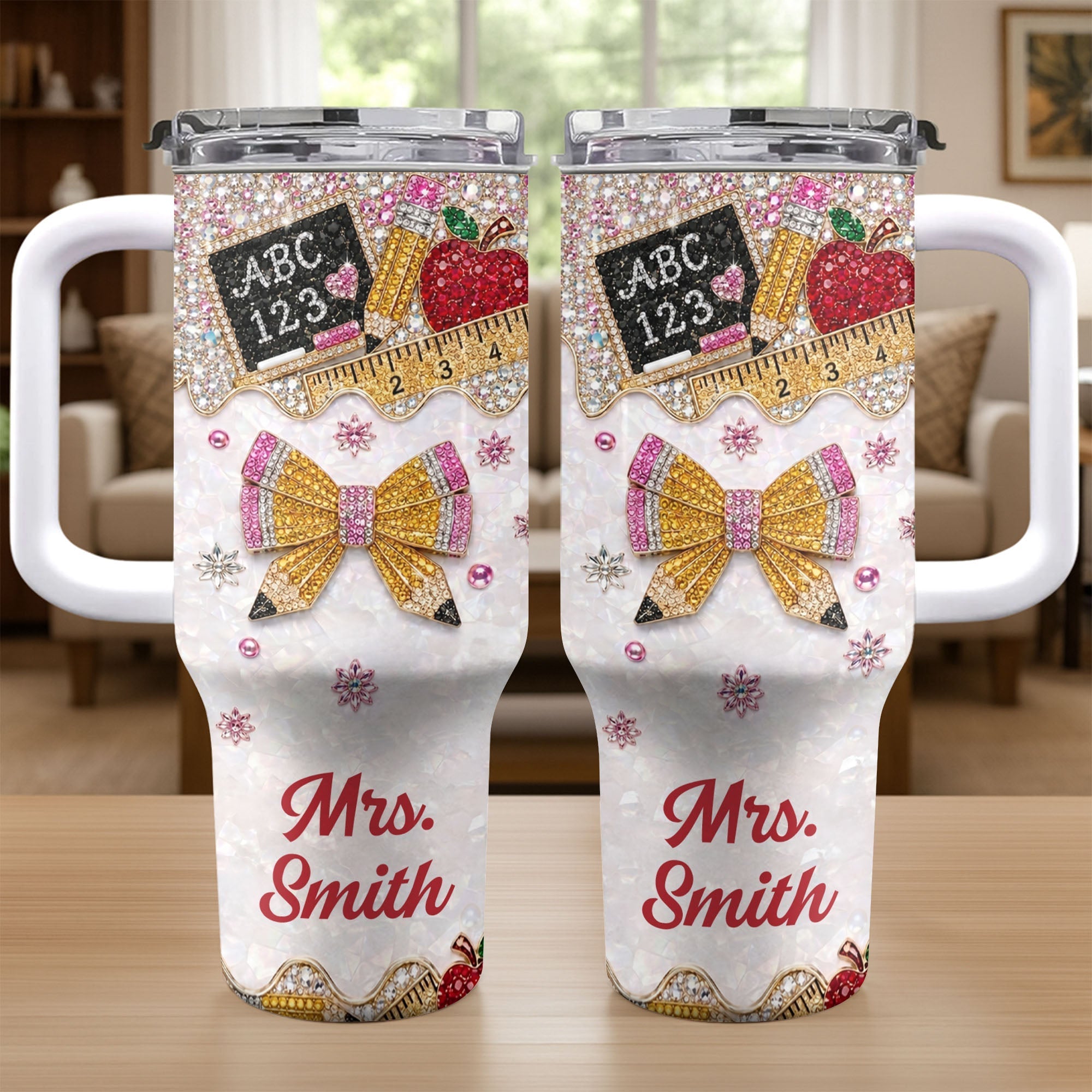 Personalized Teacher Tumbler 40oz Apple Bow Design Gift