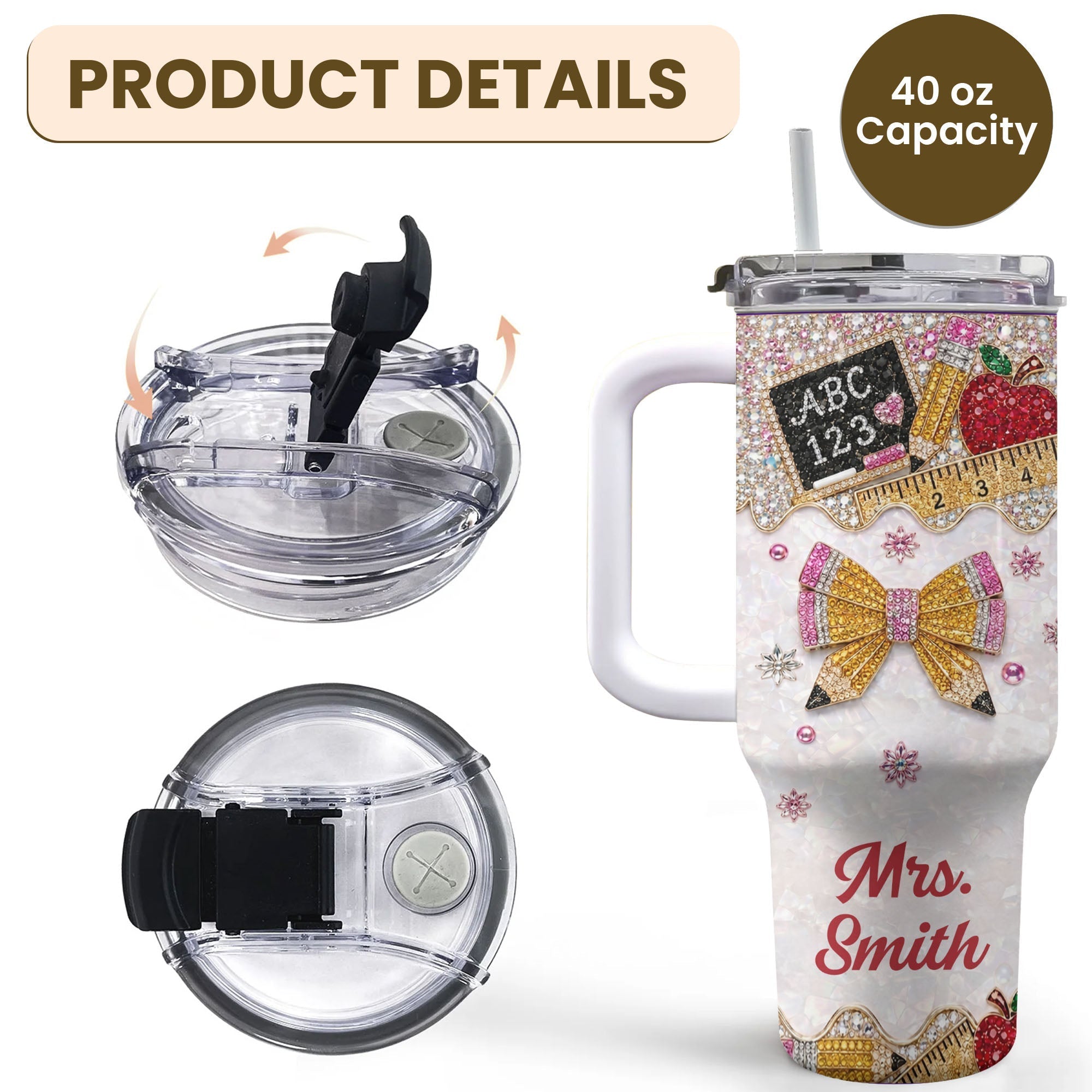 Personalized Teacher Tumbler 40oz Apple Bow Design Gift