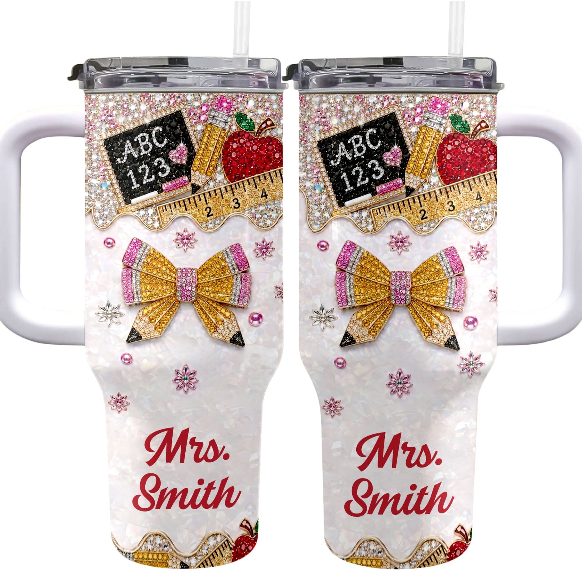 Personalized Teacher Tumbler 40oz Apple Bow Design Gift