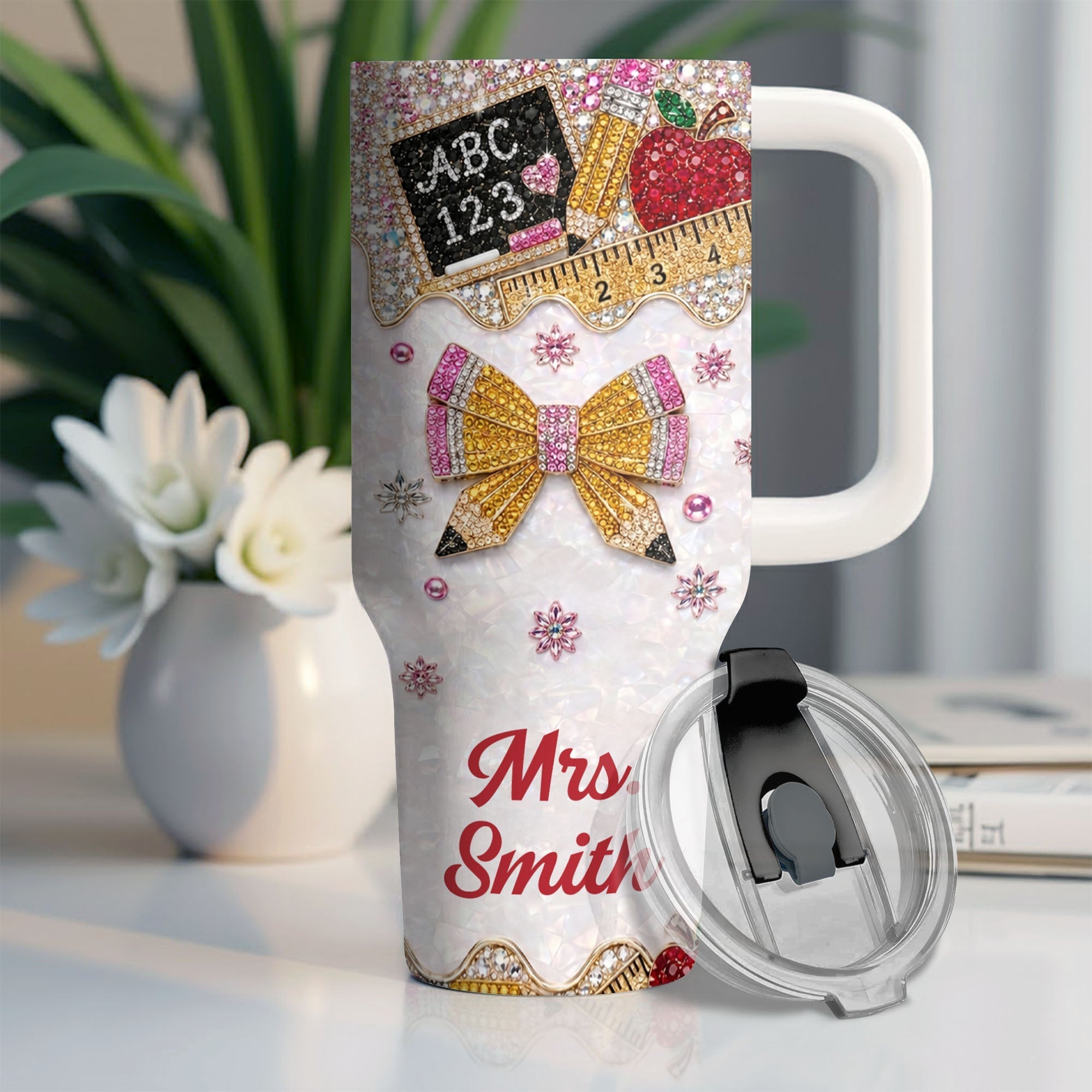 Personalized Teacher Tumbler 40oz Apple Bow Design Gift