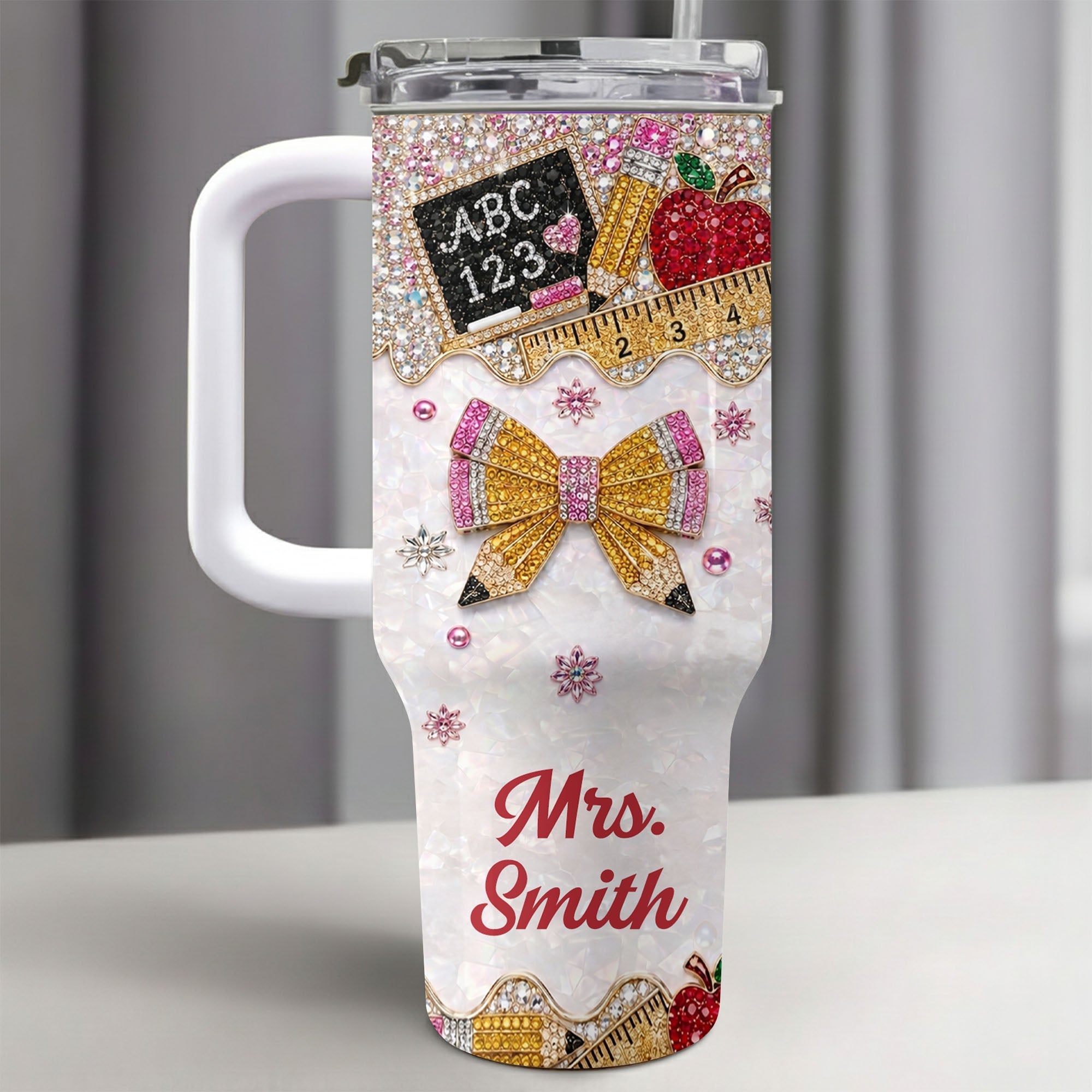 Personalized Teacher Tumbler 40oz Apple Bow Design Gift