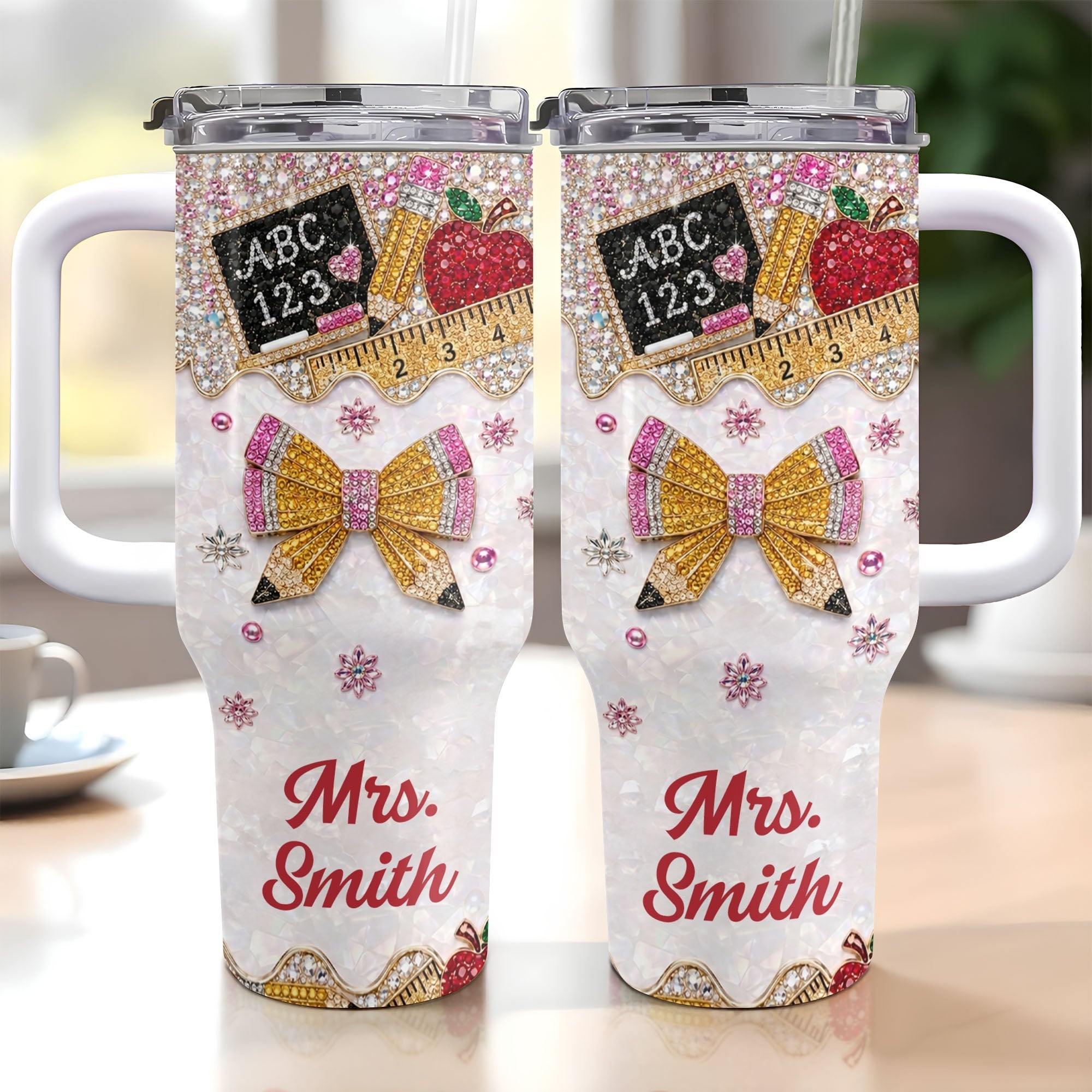 Personalized Teacher Tumbler 40oz Apple Bow Design Gift