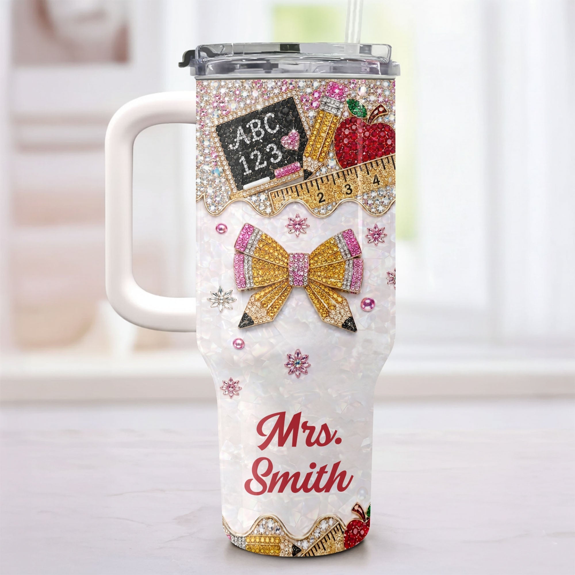 Personalized Teacher Tumbler 40oz Apple Bow Design Gift