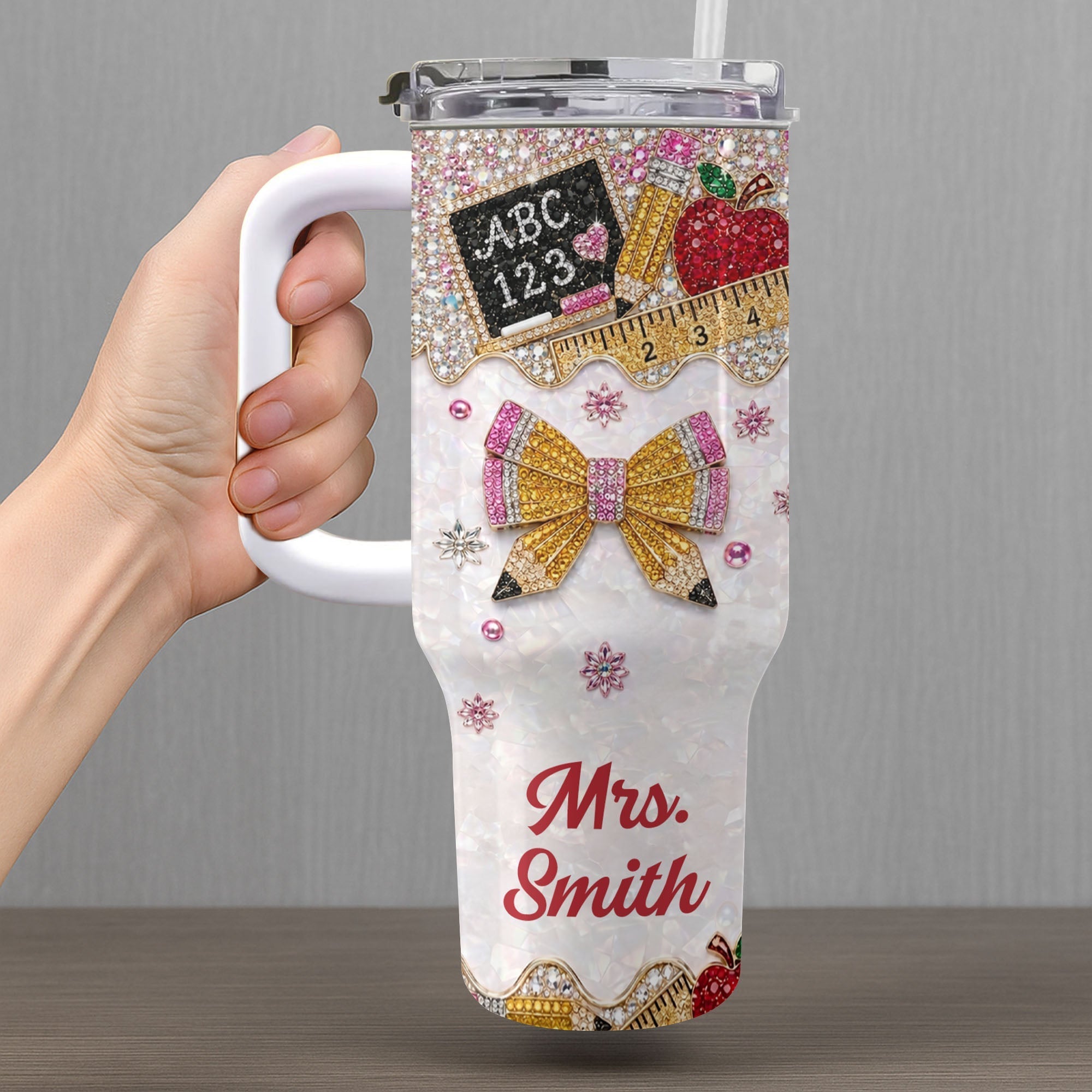 Personalized Teacher Tumbler 40oz Apple Bow Design Gift