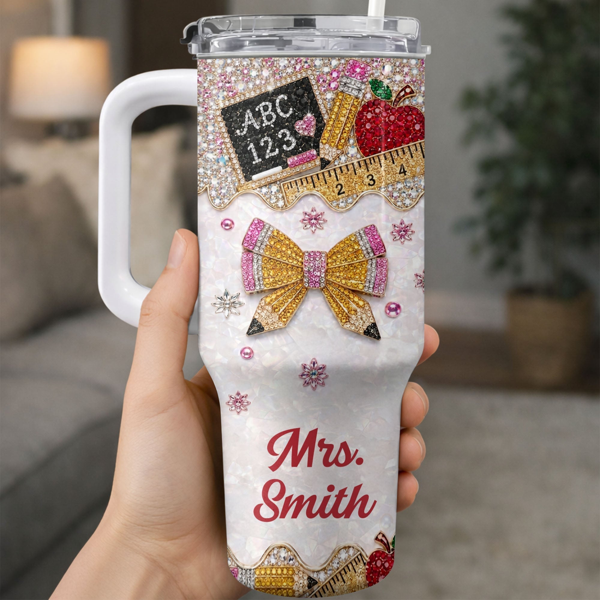 Personalized Teacher Tumbler 40oz Apple Bow Design Gift
