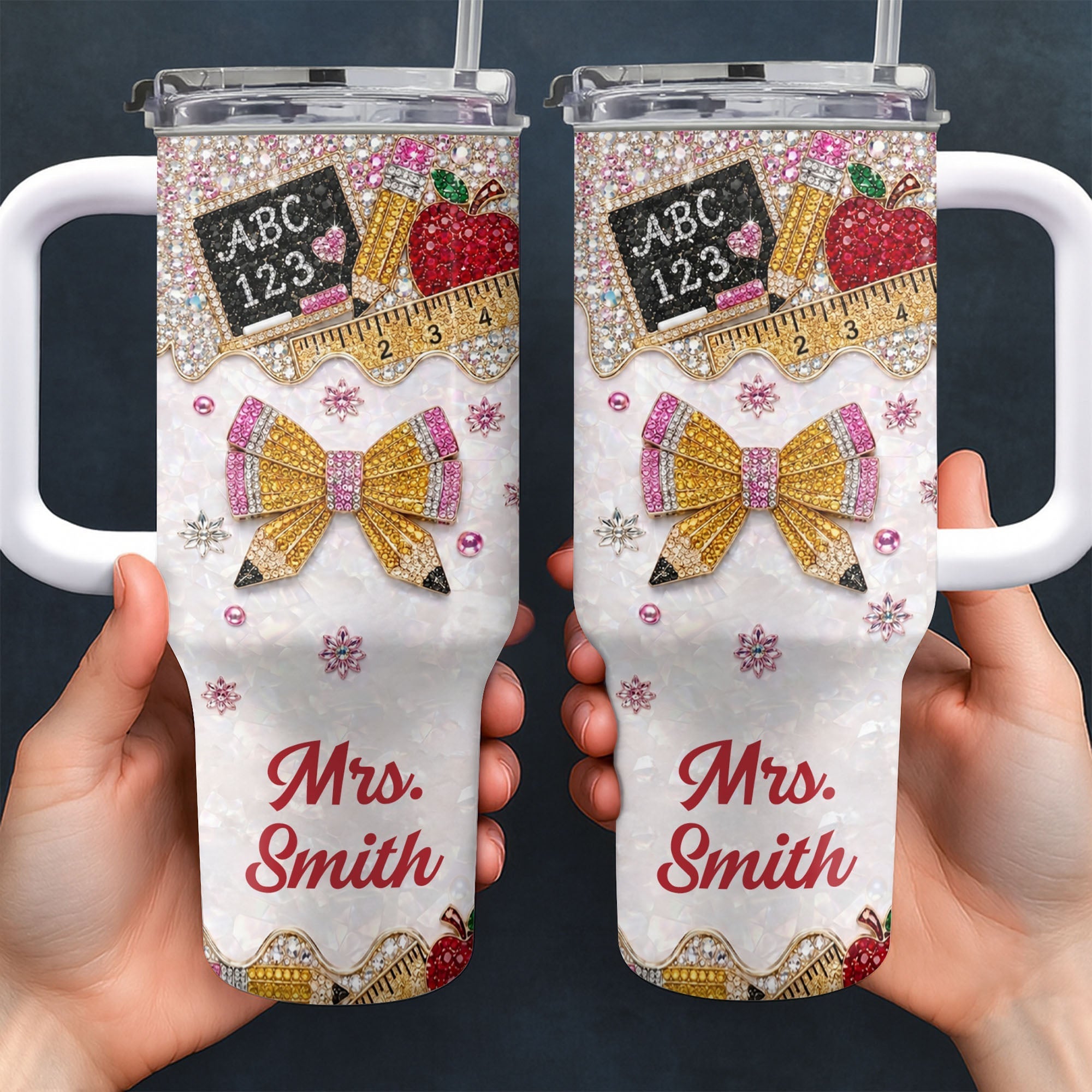 Personalized Teacher Tumbler 40oz Apple Bow Design Gift