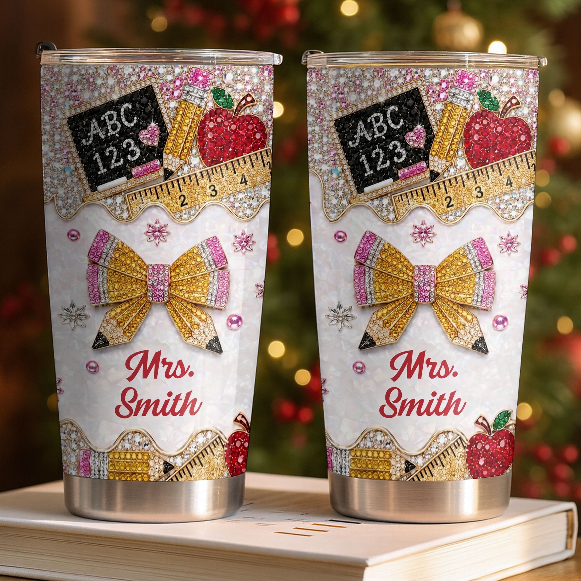 Personalized Teacher 20oz Tumbler Custom Name Rhinestone Apple