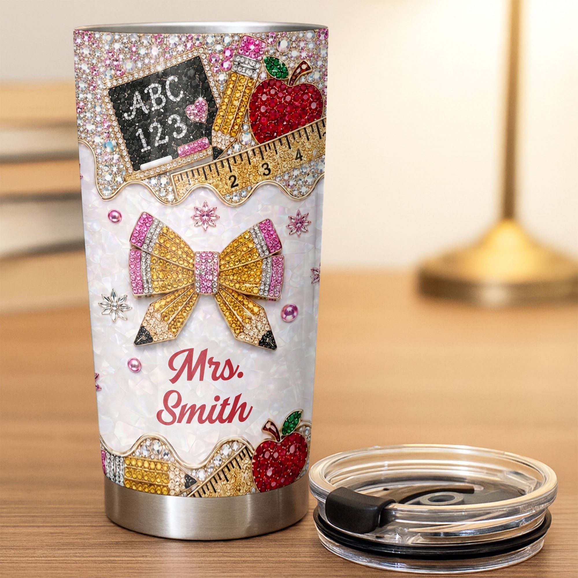 Personalized Teacher 20oz Tumbler Custom Name Rhinestone Apple