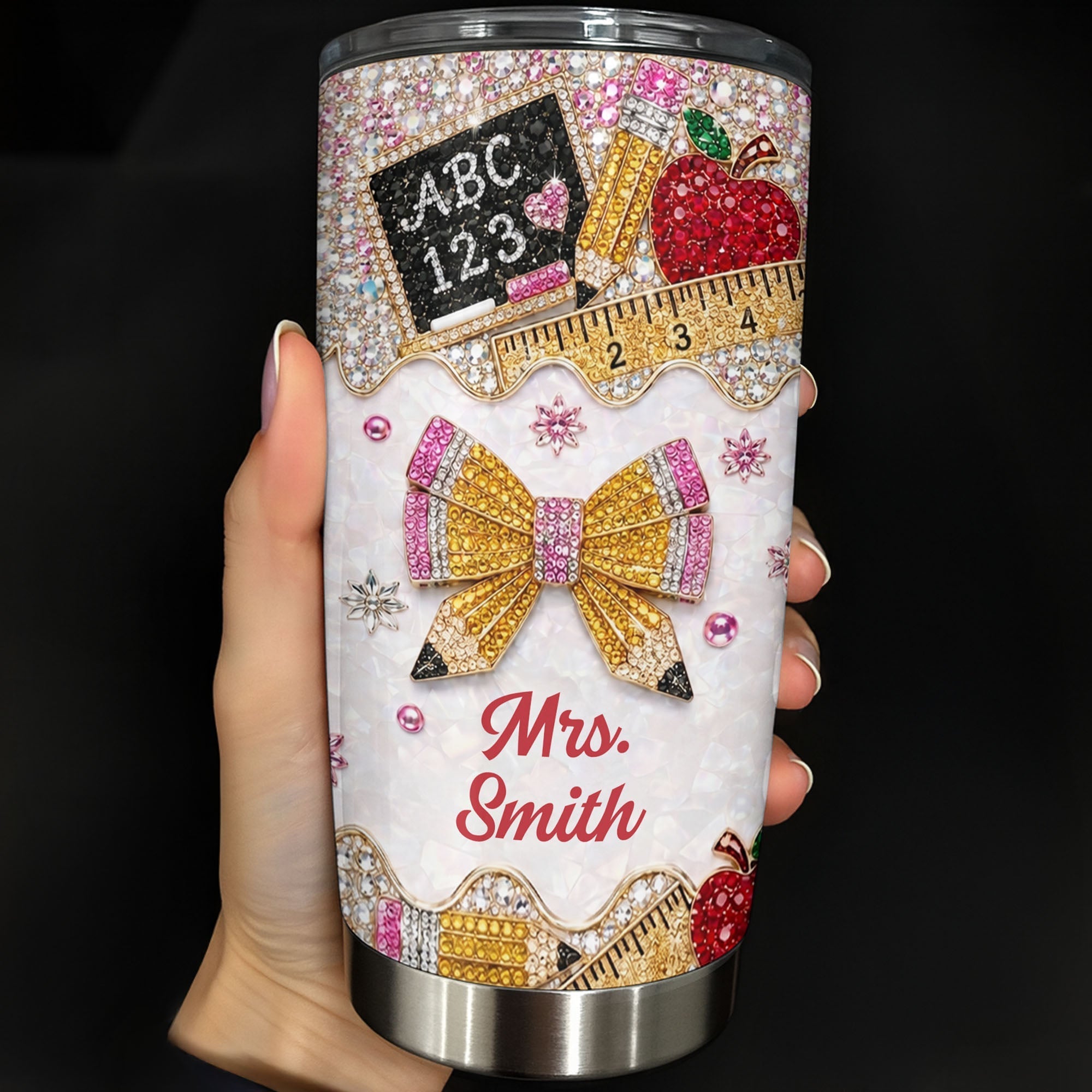 Personalized Teacher 20oz Tumbler Custom Name Rhinestone Apple