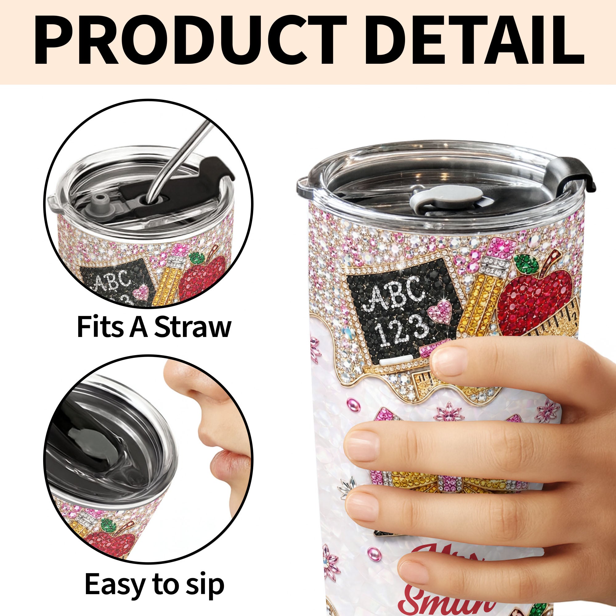 Personalized Teacher 20oz Tumbler Custom Name Rhinestone Apple