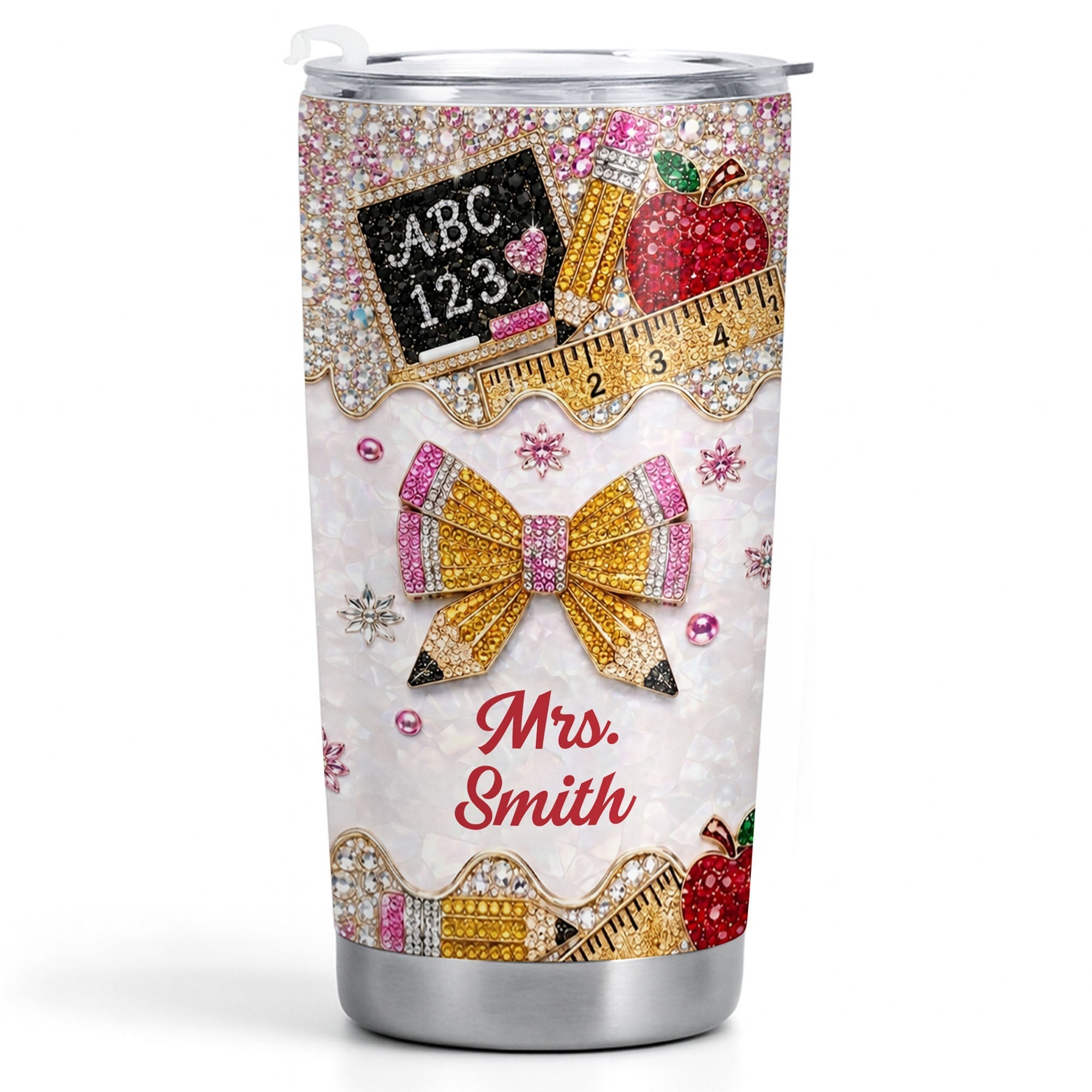 Personalized Teacher 20oz Tumbler Custom Name Rhinestone Apple