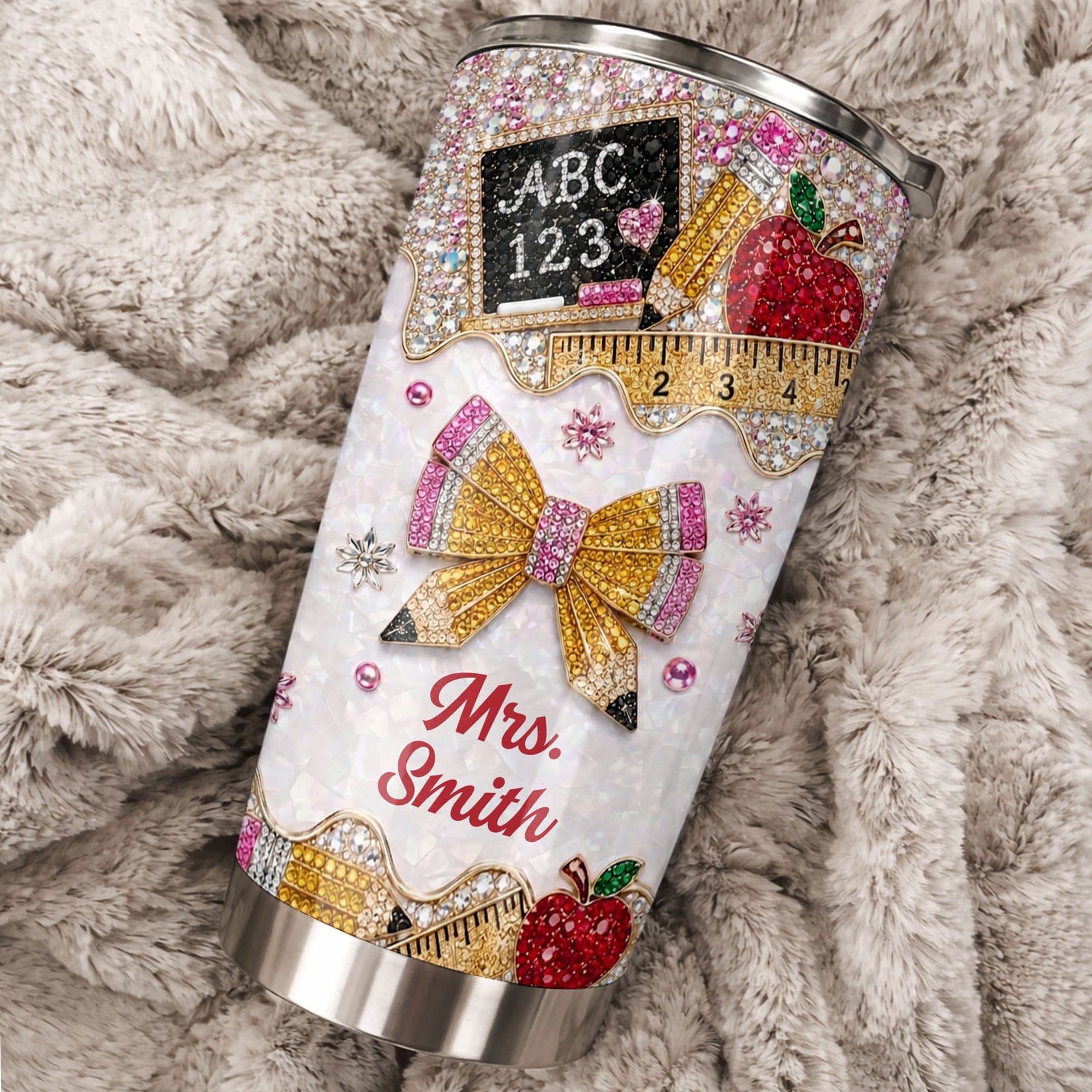 Personalized Teacher 20oz Tumbler Custom Name Rhinestone Apple