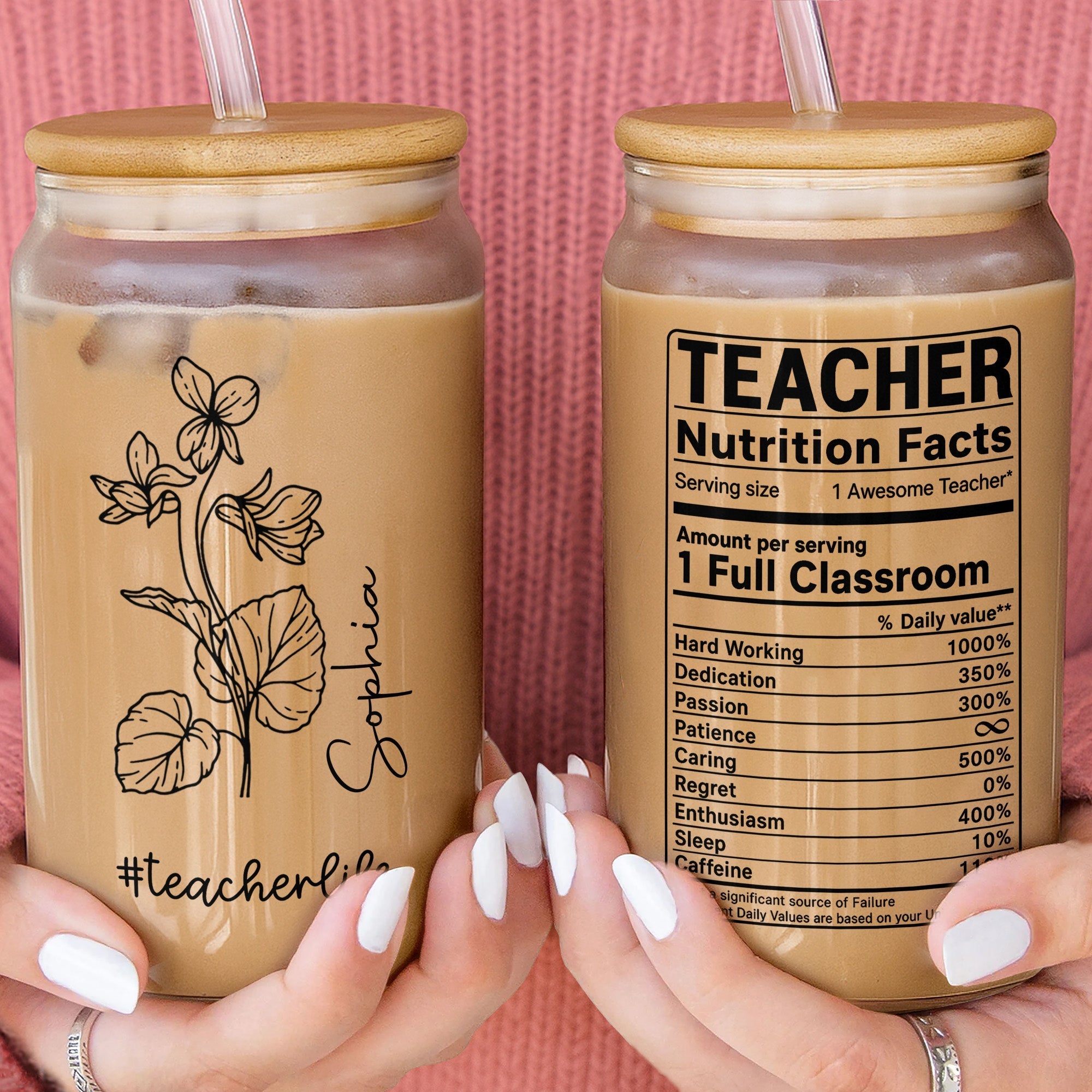 Personalized Clear Glass Can Custom Teacher Gift with Straws