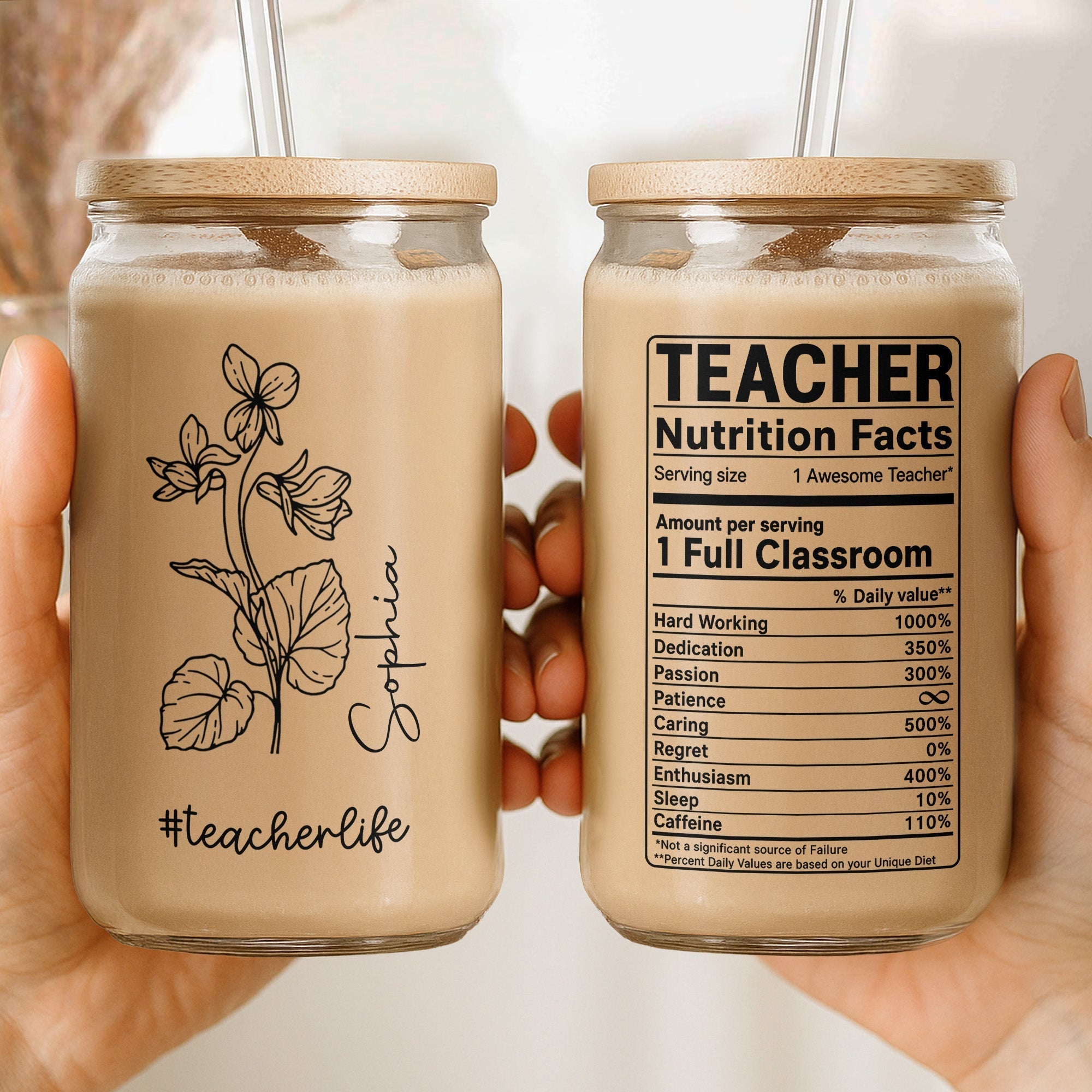 Personalized Clear Glass Can Custom Teacher Gift with Straws