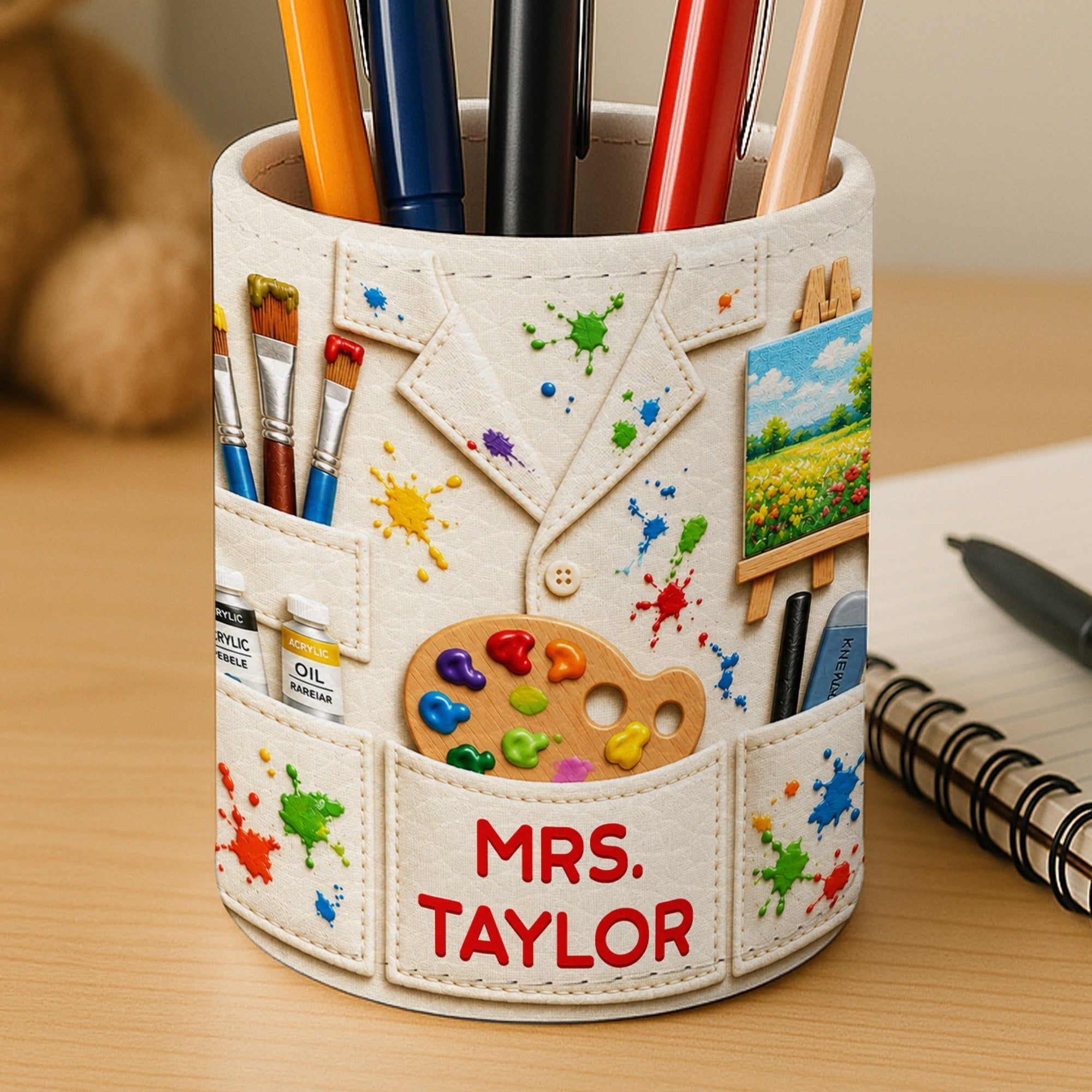 Personalized Leather Pen Holder with Custom Teacher Name Gift