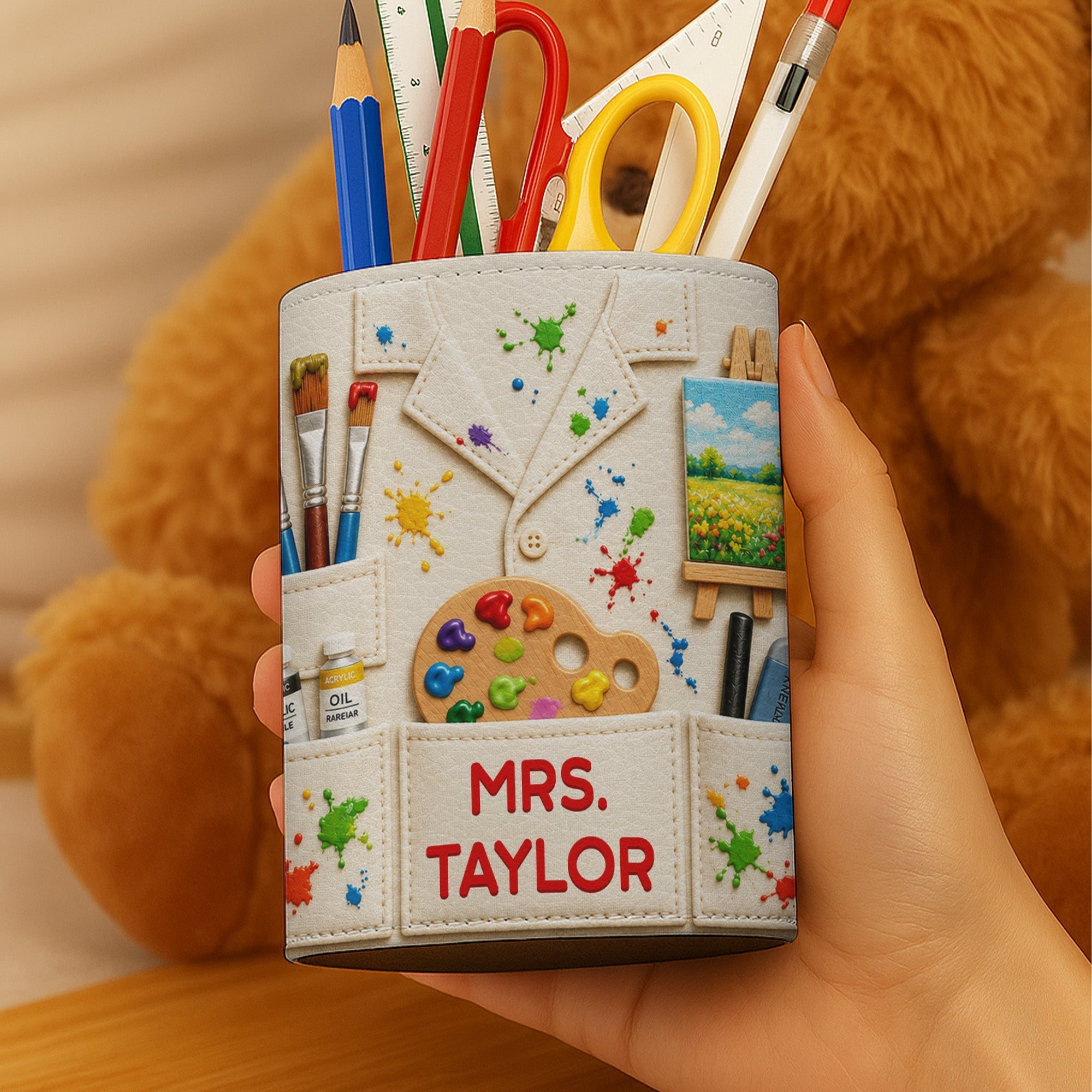 Personalized Leather Pen Holder with Custom Teacher Name Gift