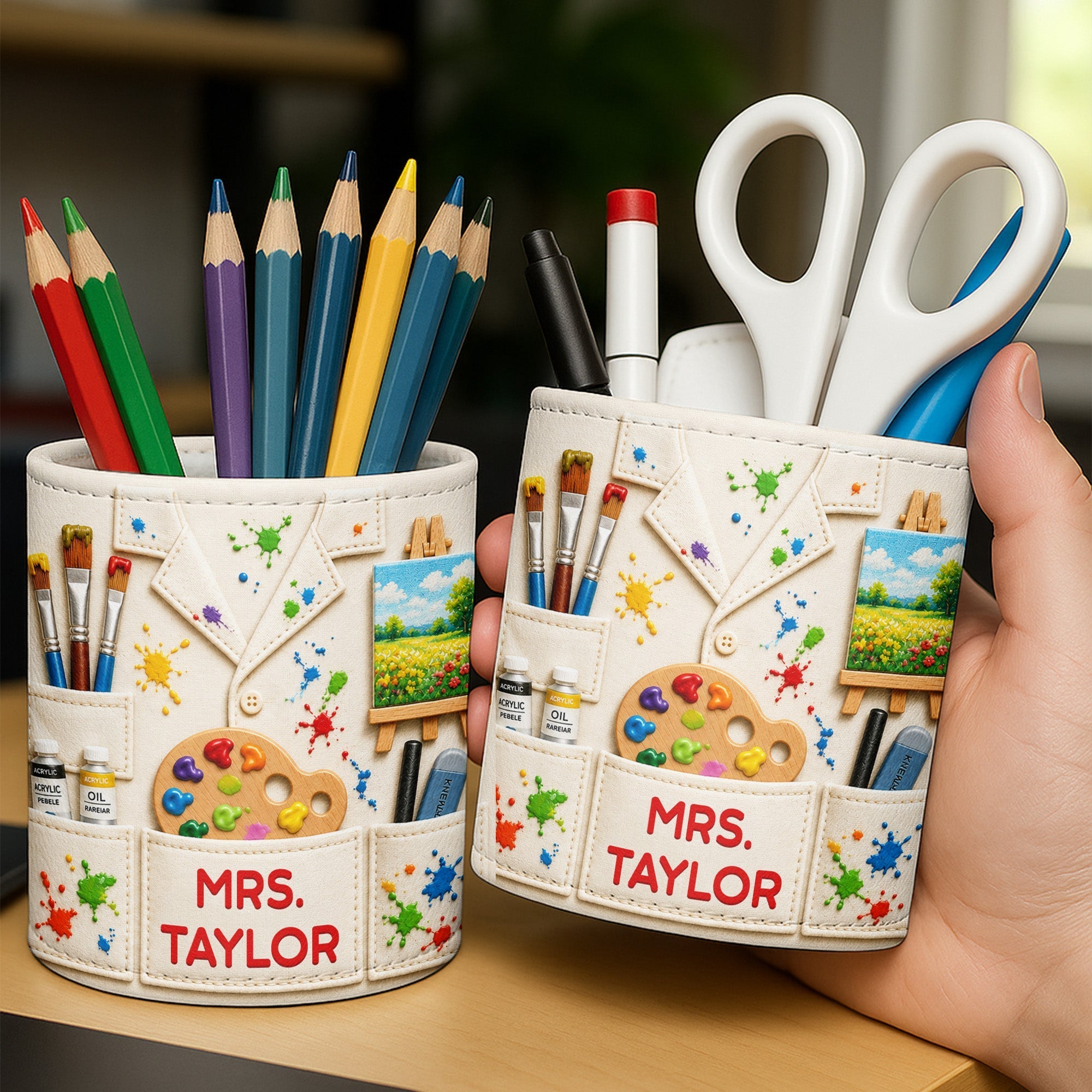 Personalized Leather Pen Holder with Custom Teacher Name Gift