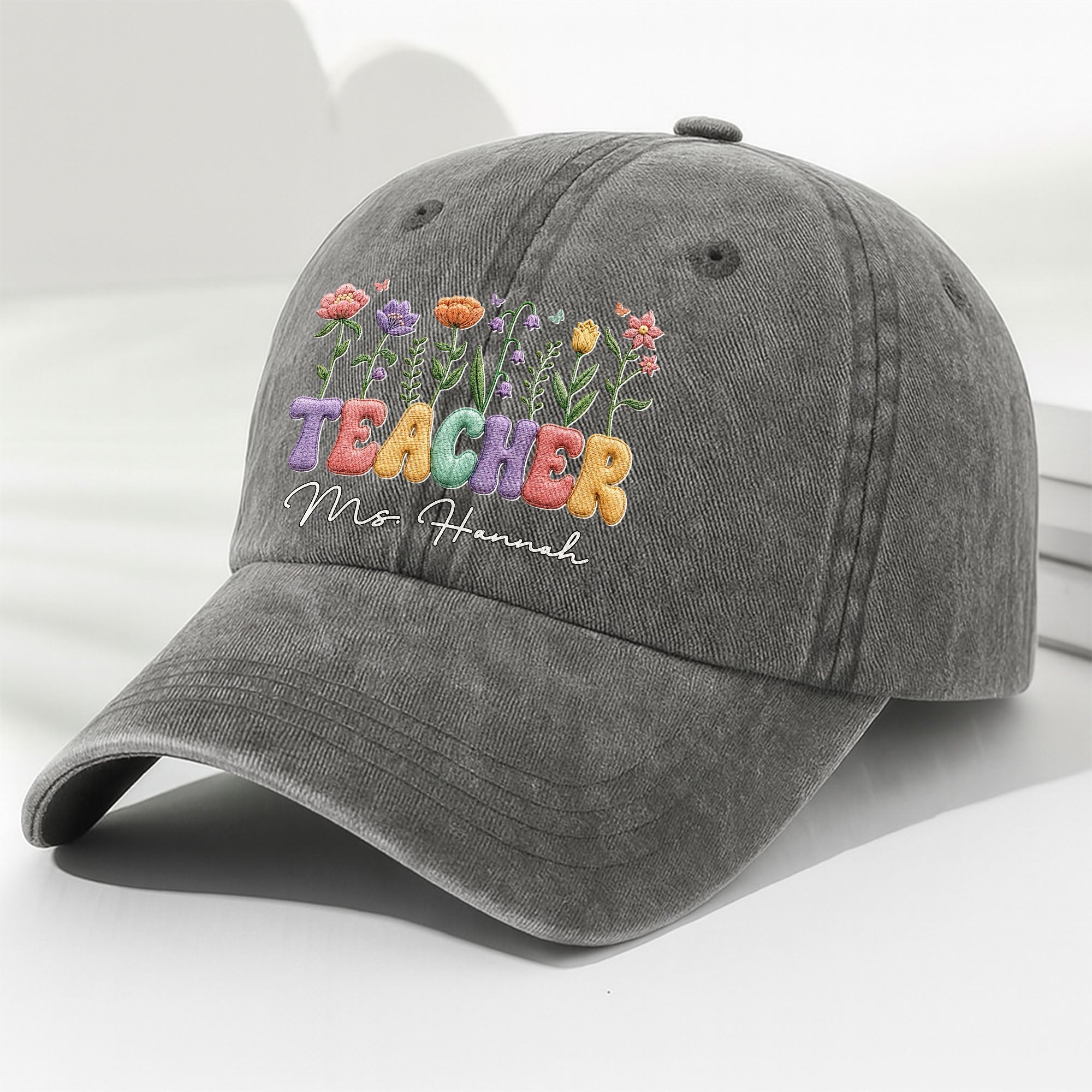 Personalized Washed Denim Cap Custom Teacher Name Gift