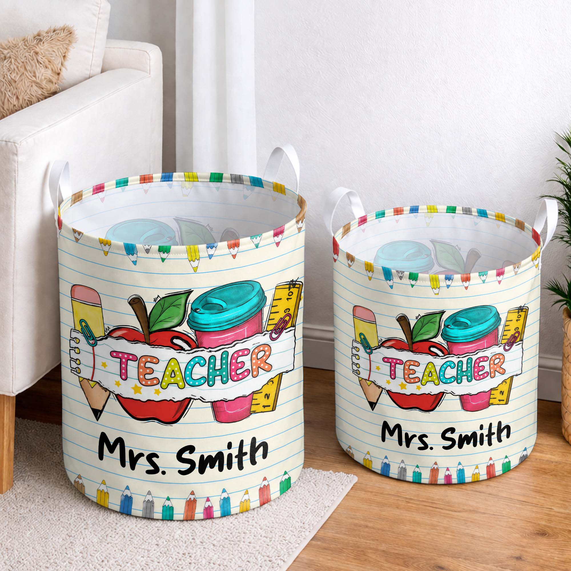 Personalized Teacher Storage Basket with Apple & Coffee Cup Gift