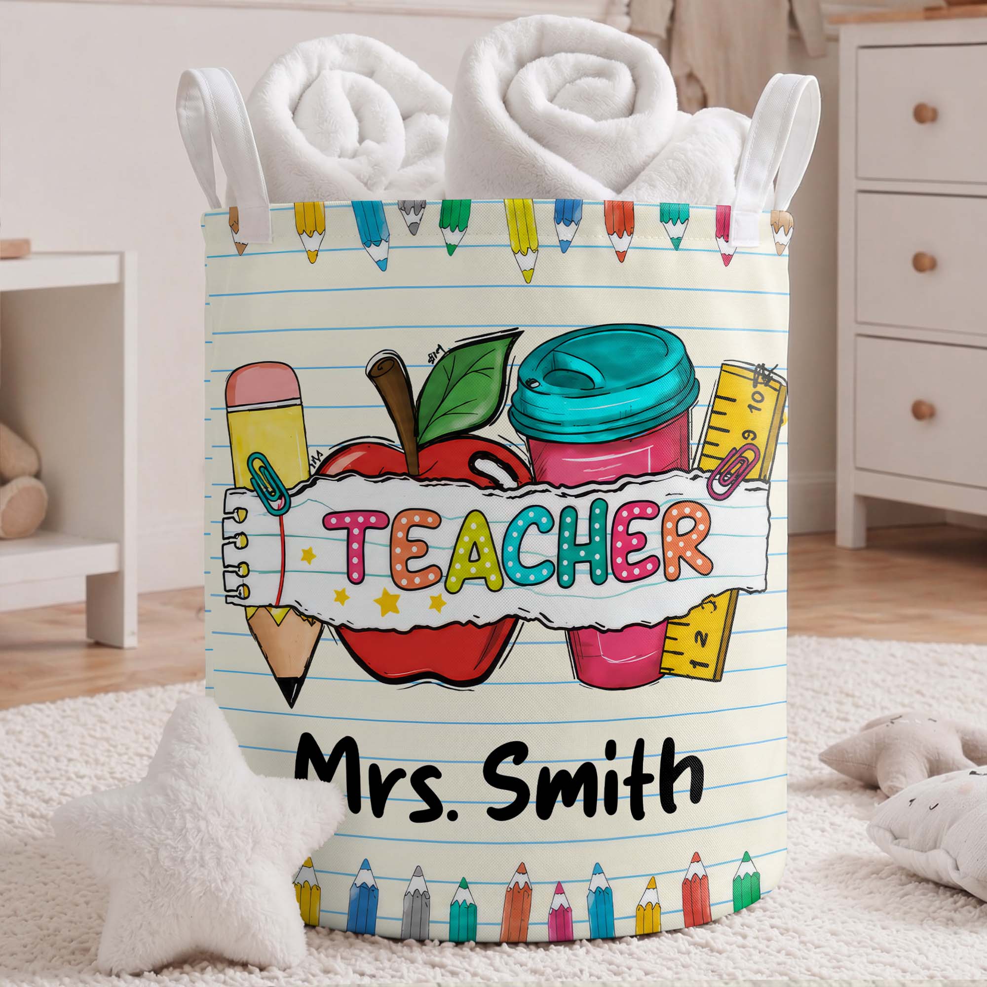 Personalized Teacher Storage Basket with Apple & Coffee Cup Gift