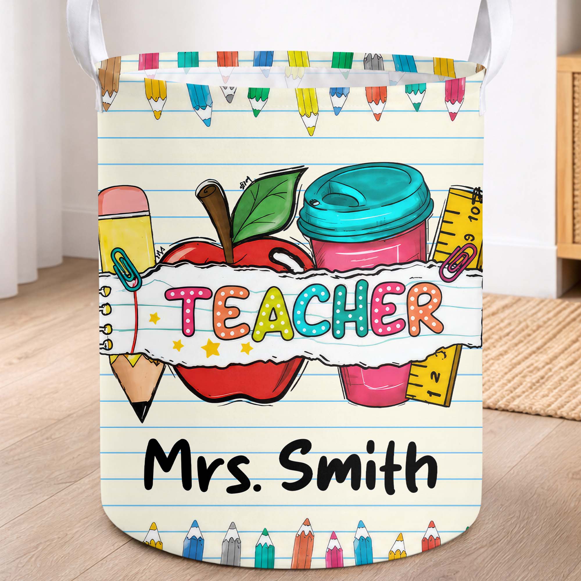 Personalized Teacher Storage Basket with Apple & Coffee Cup Gift