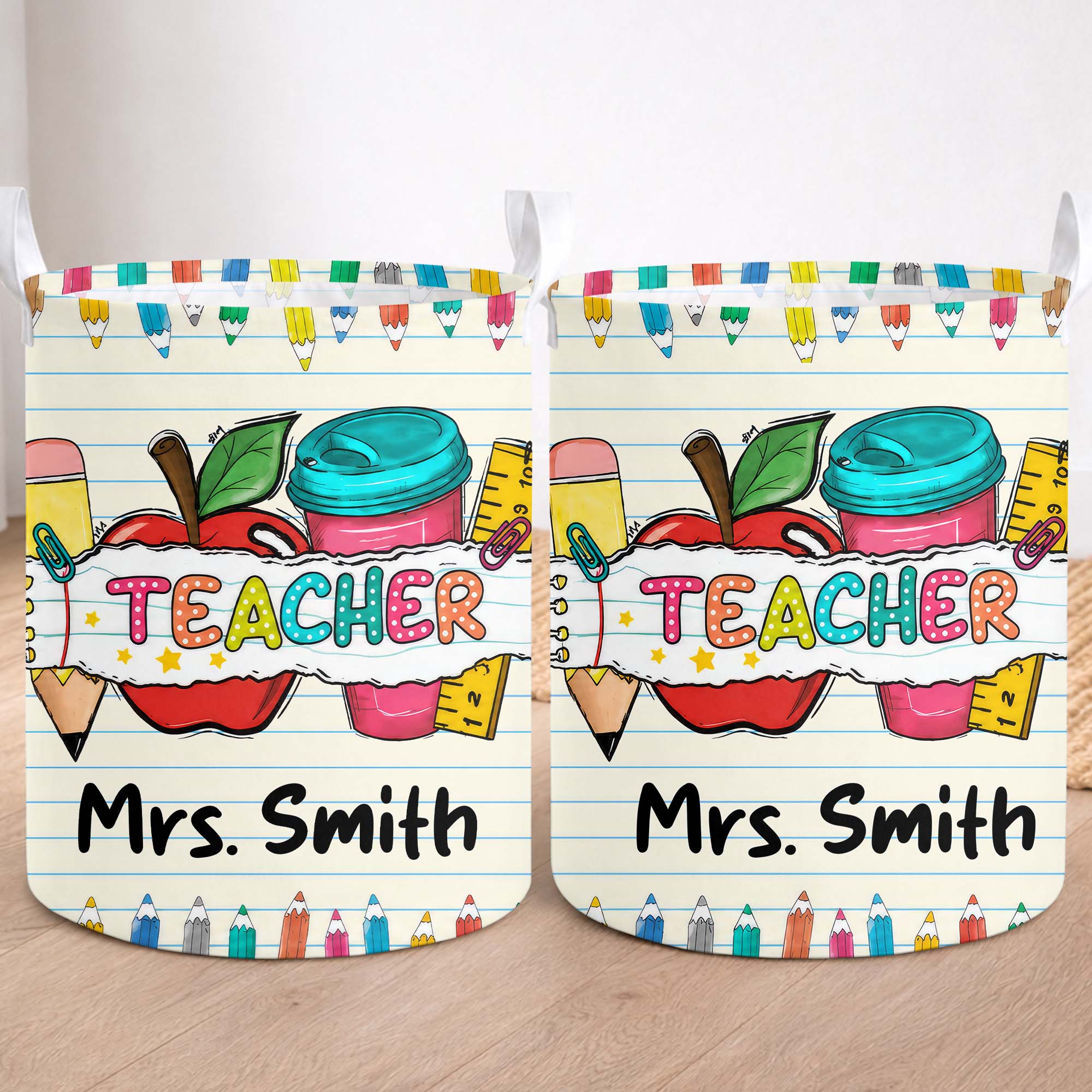 Personalized Teacher Storage Basket with Apple & Coffee Cup Gift