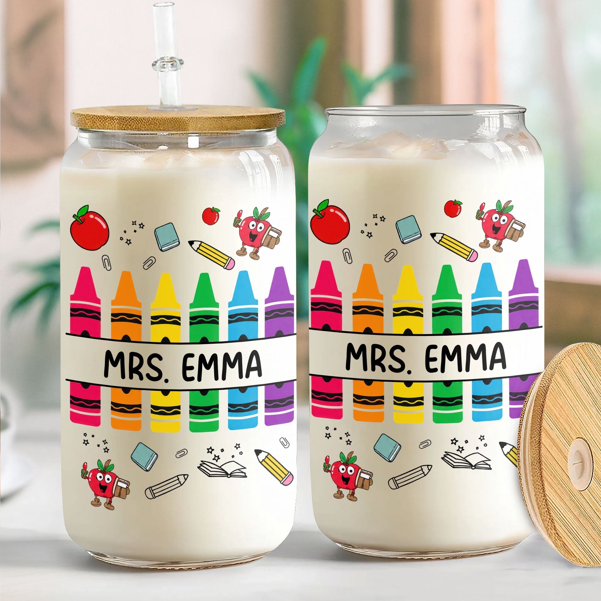 Personalized Clear Glass Can with Straw Teacher Gift Eco-Friendly