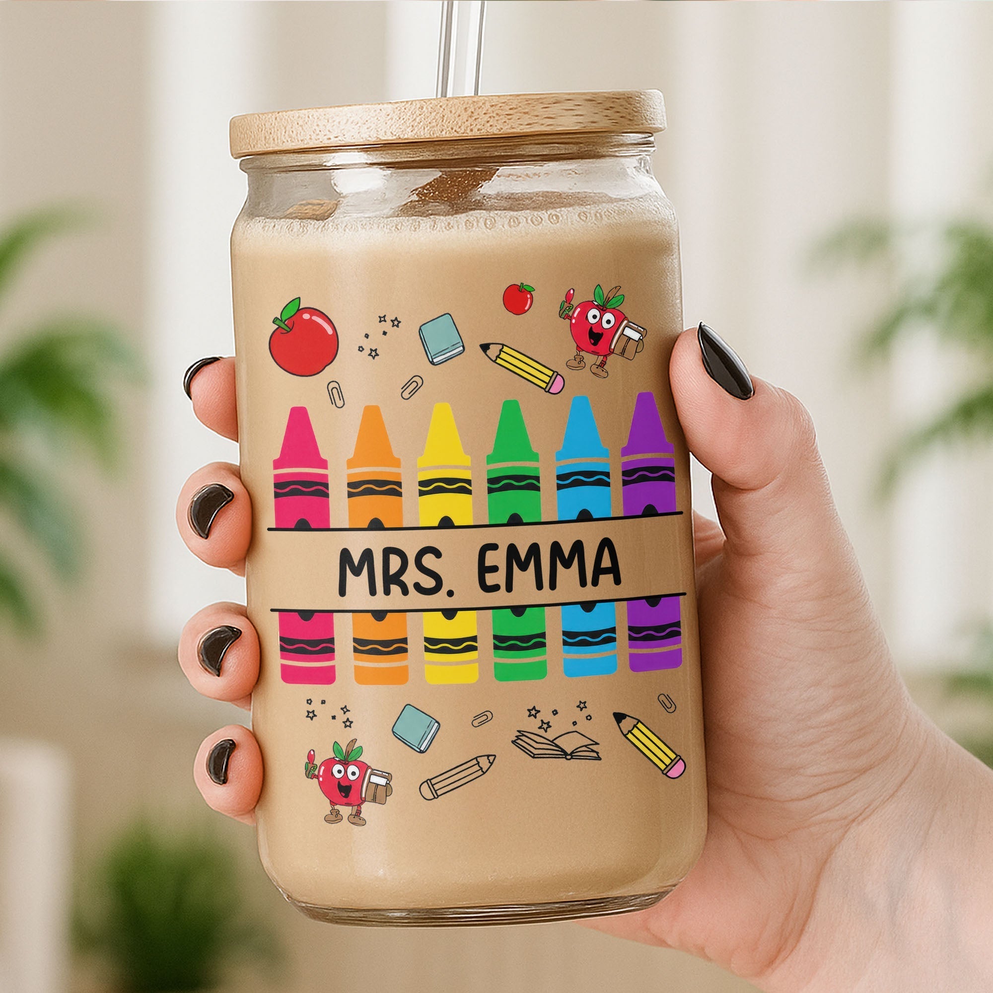 Personalized Clear Glass Can with Straw Teacher Gift Eco-Friendly