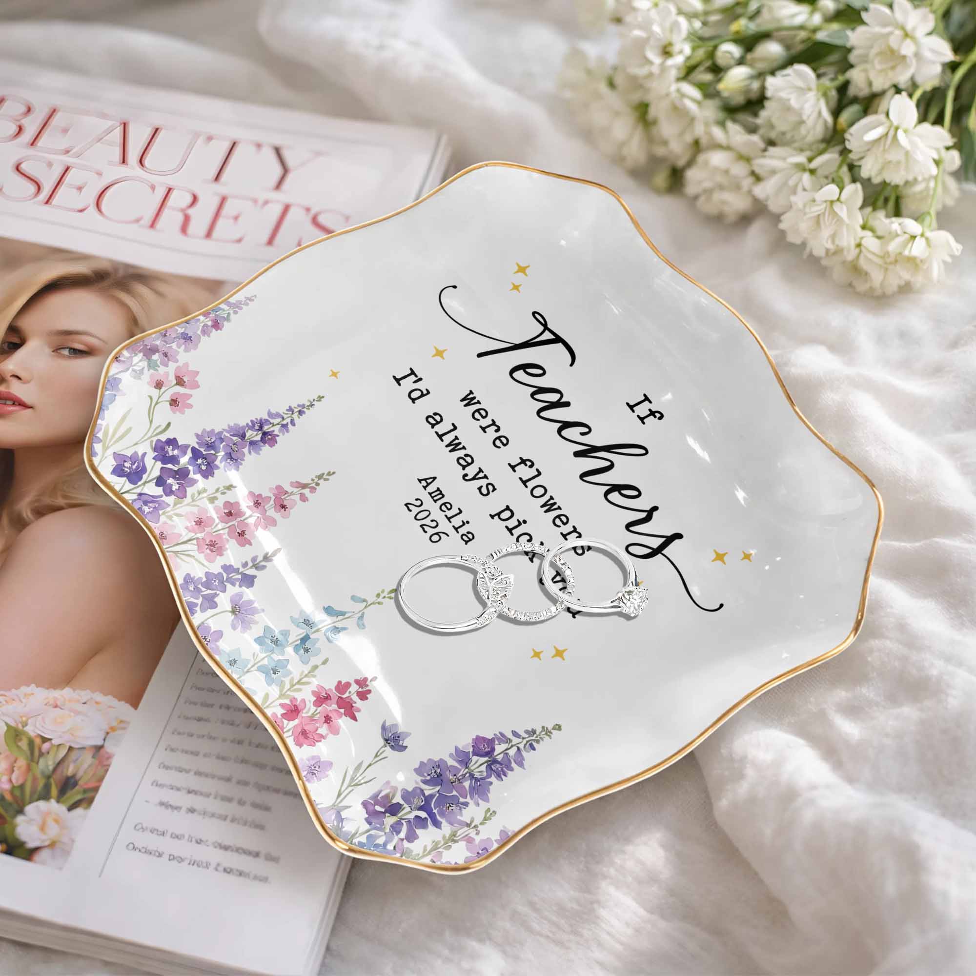 Personalized Jewelry Dish with Custom Birth Month Flowers Gift for Teacher