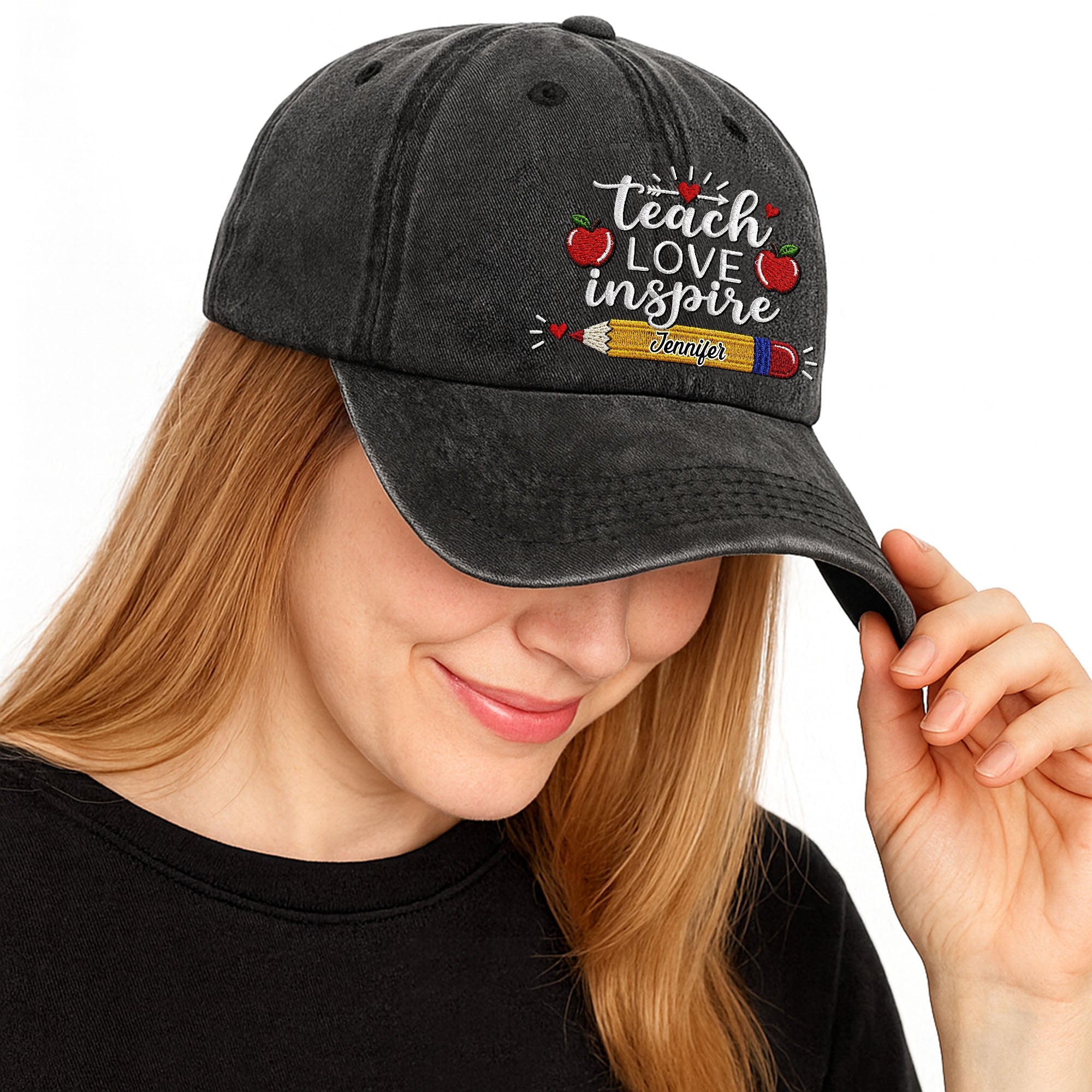Personalized Washed Denim Cap Teach Love Inspire Gift for Teacher