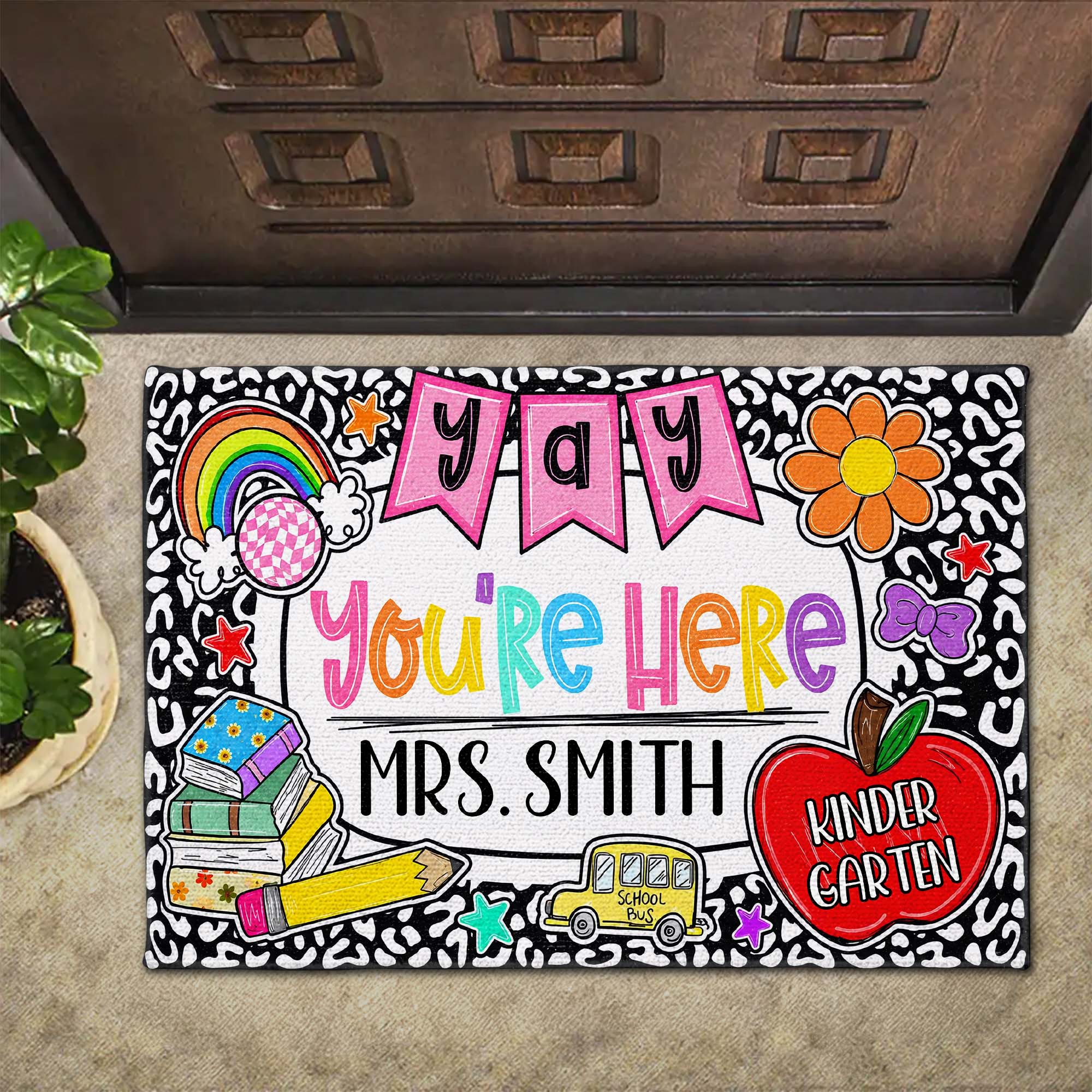 Personalized Teacher Doormat Custom Name Rainbow Apple Decor
