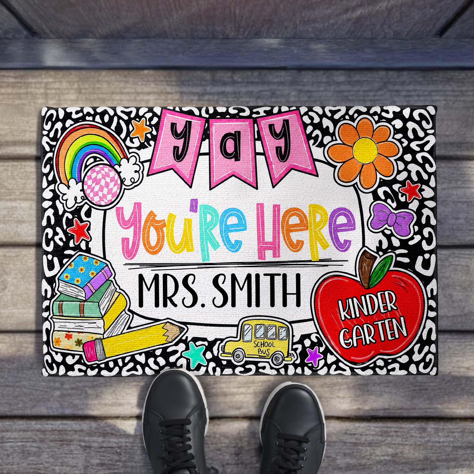 Personalized Teacher Doormat Custom Name Rainbow Apple Decor