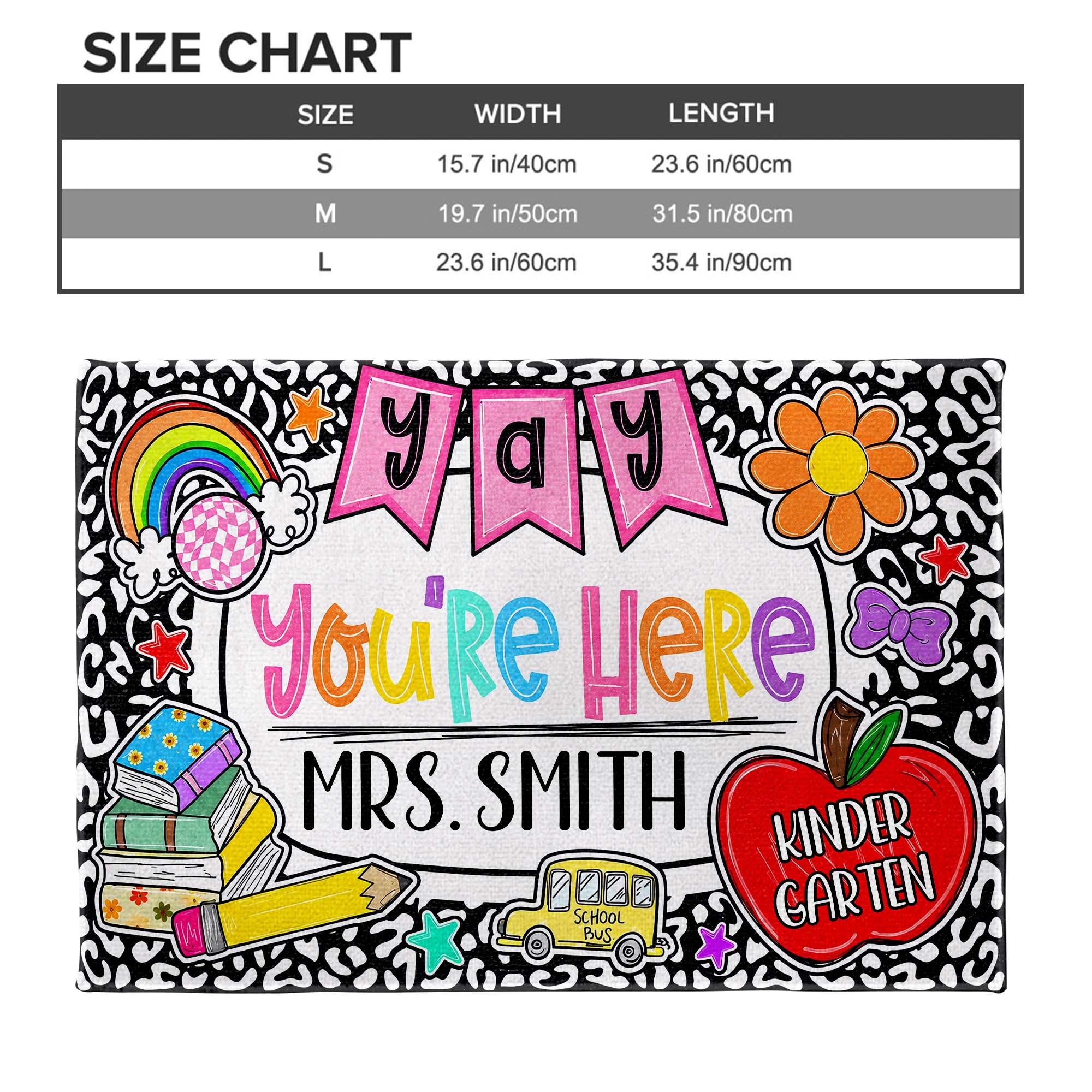 Personalized Teacher Doormat Custom Name Rainbow Apple Decor