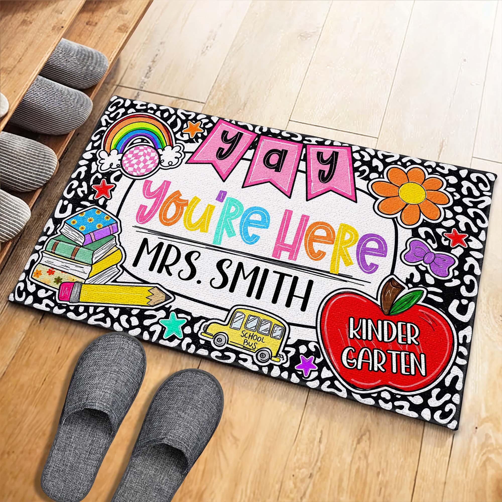 Personalized Teacher Doormat Custom Name Rainbow Apple Decor