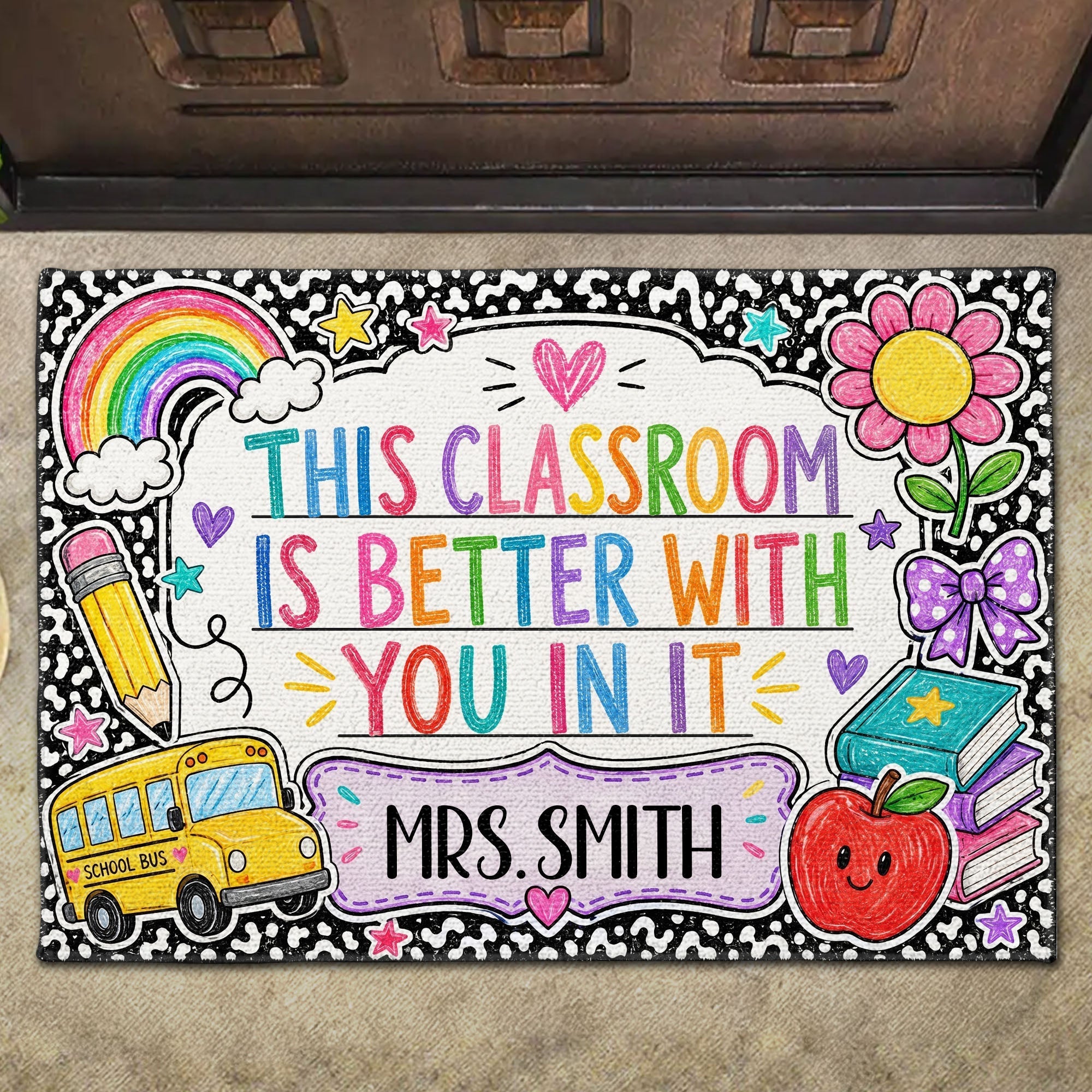Personalized Doormat with Classroom Rainbow Apple for Teacher