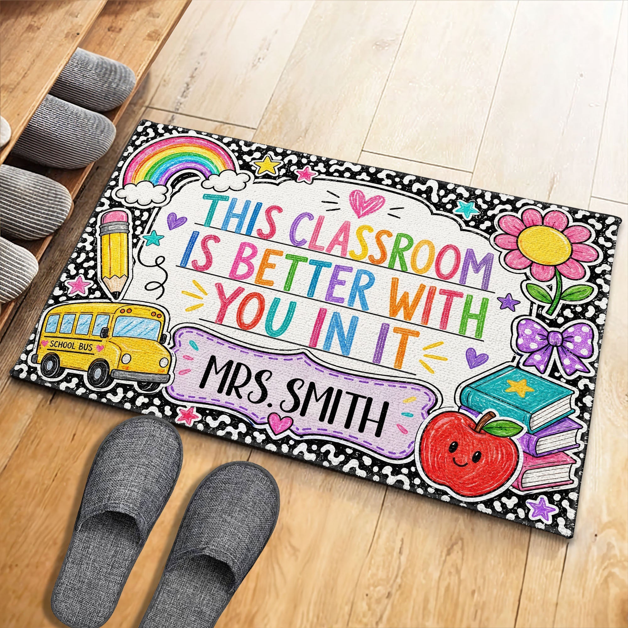 Personalized Doormat with Classroom Rainbow Apple for Teacher