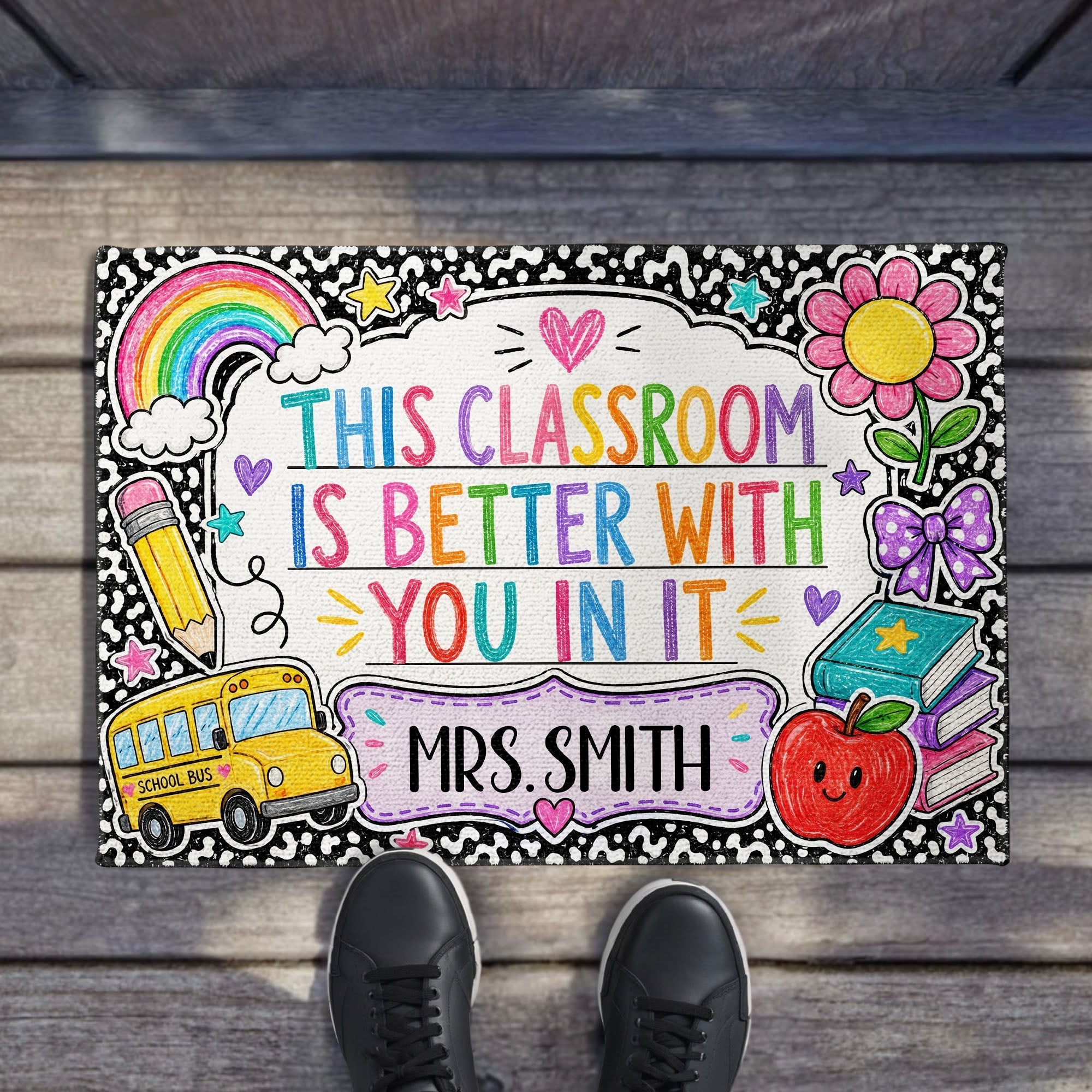 Personalized Doormat with Classroom Rainbow Apple for Teacher