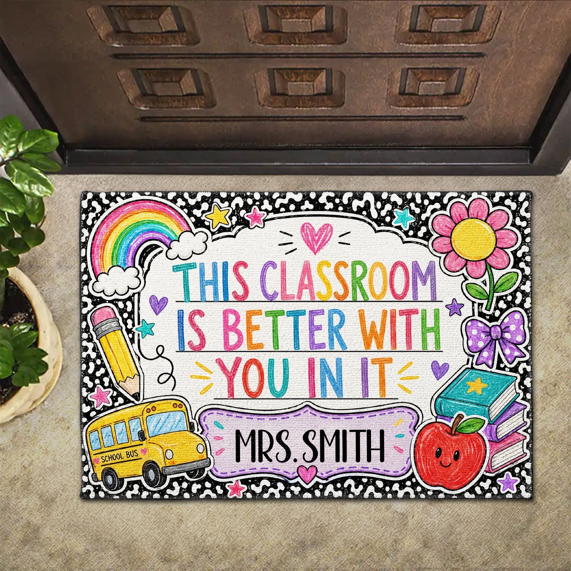 Personalized Doormat with Classroom Rainbow Apple for Teacher