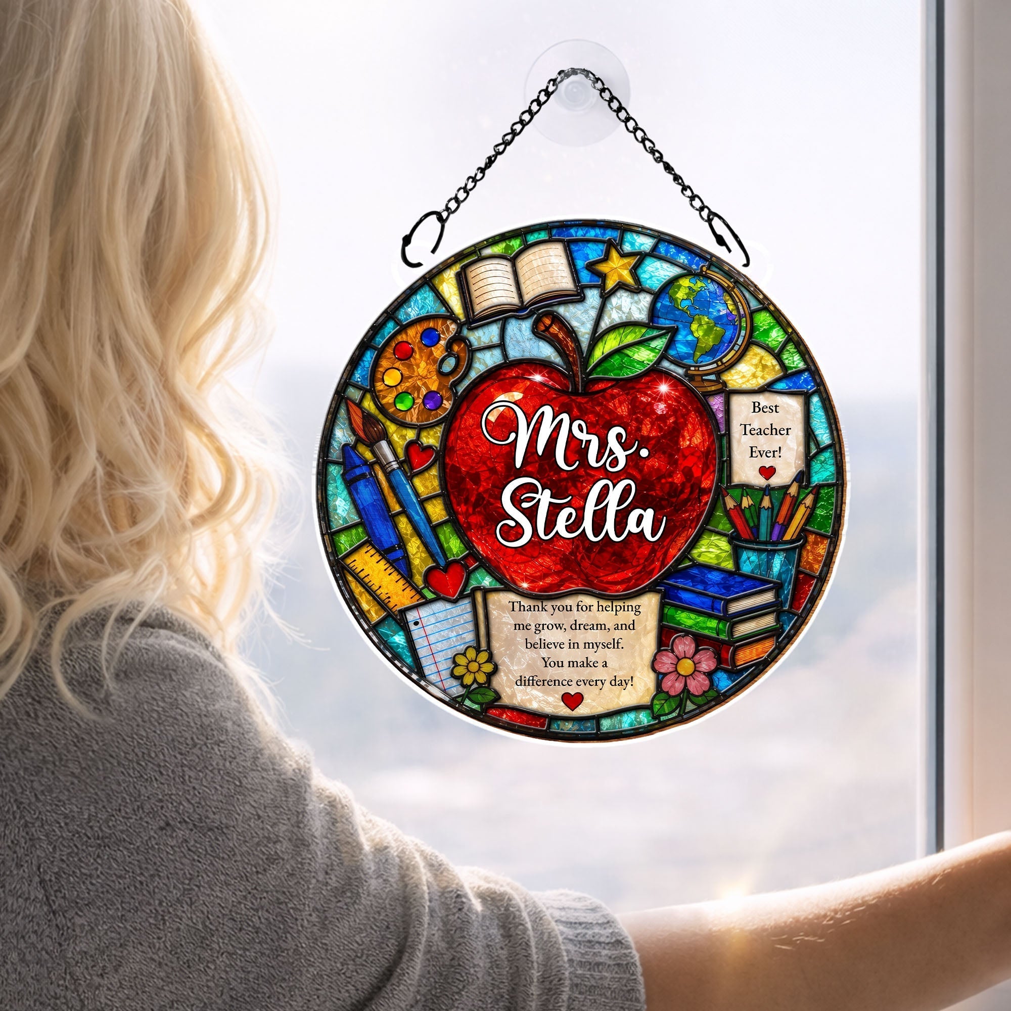 Personalized Stained Glass Apple Suncatcher Gift for Teacher