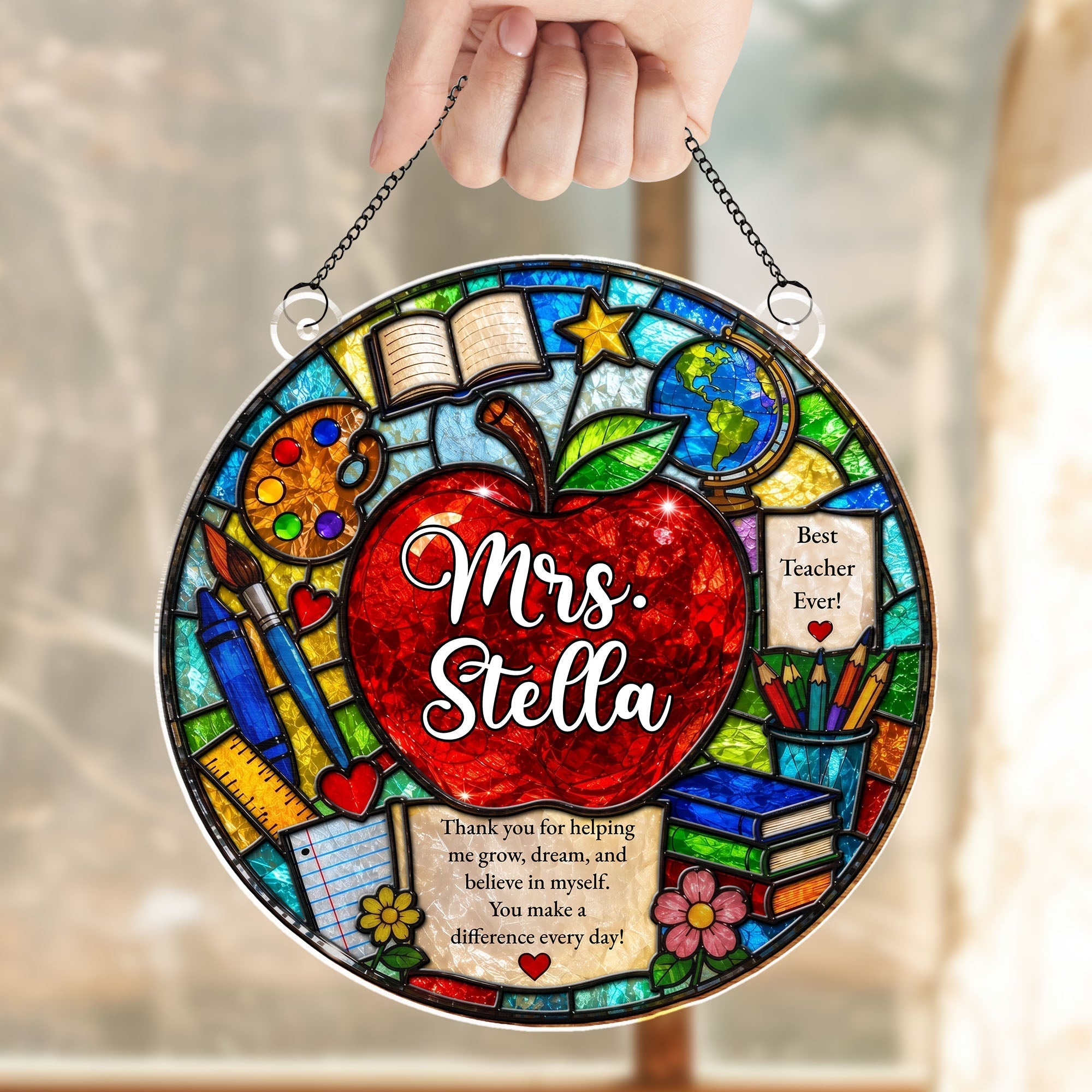 Personalized Stained Glass Apple Suncatcher Gift for Teacher