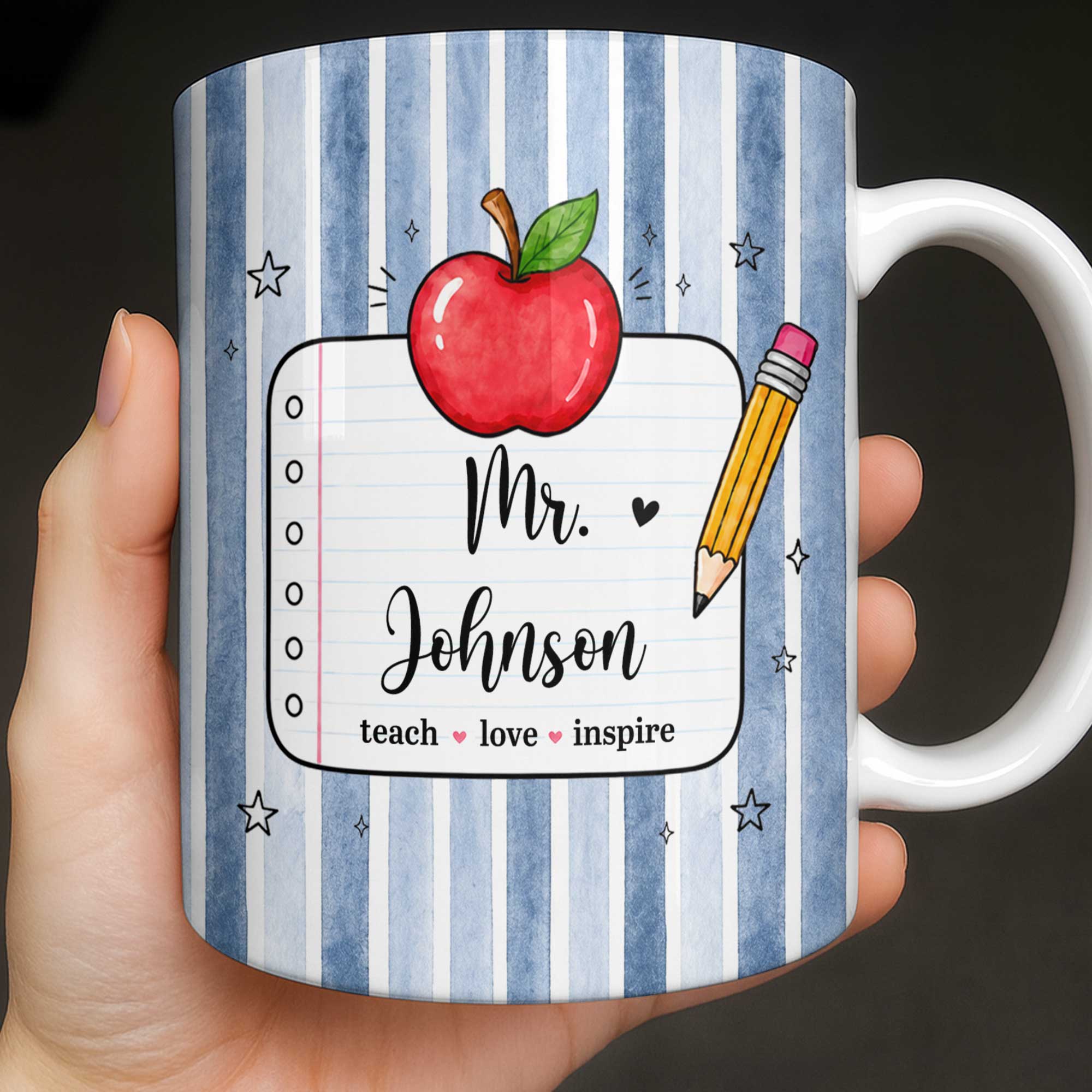 Personalized Teacher Coffee Mug Red Apple Pencil Custom Gift