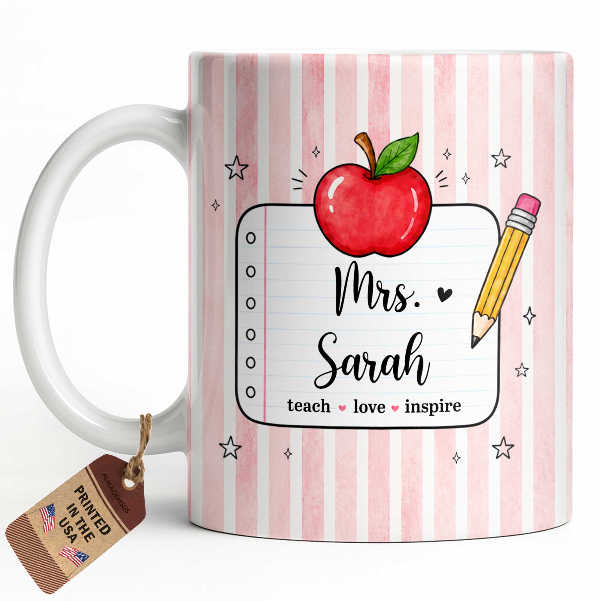 Personalized Teacher Coffee Mug Red Apple Pencil Custom Gift