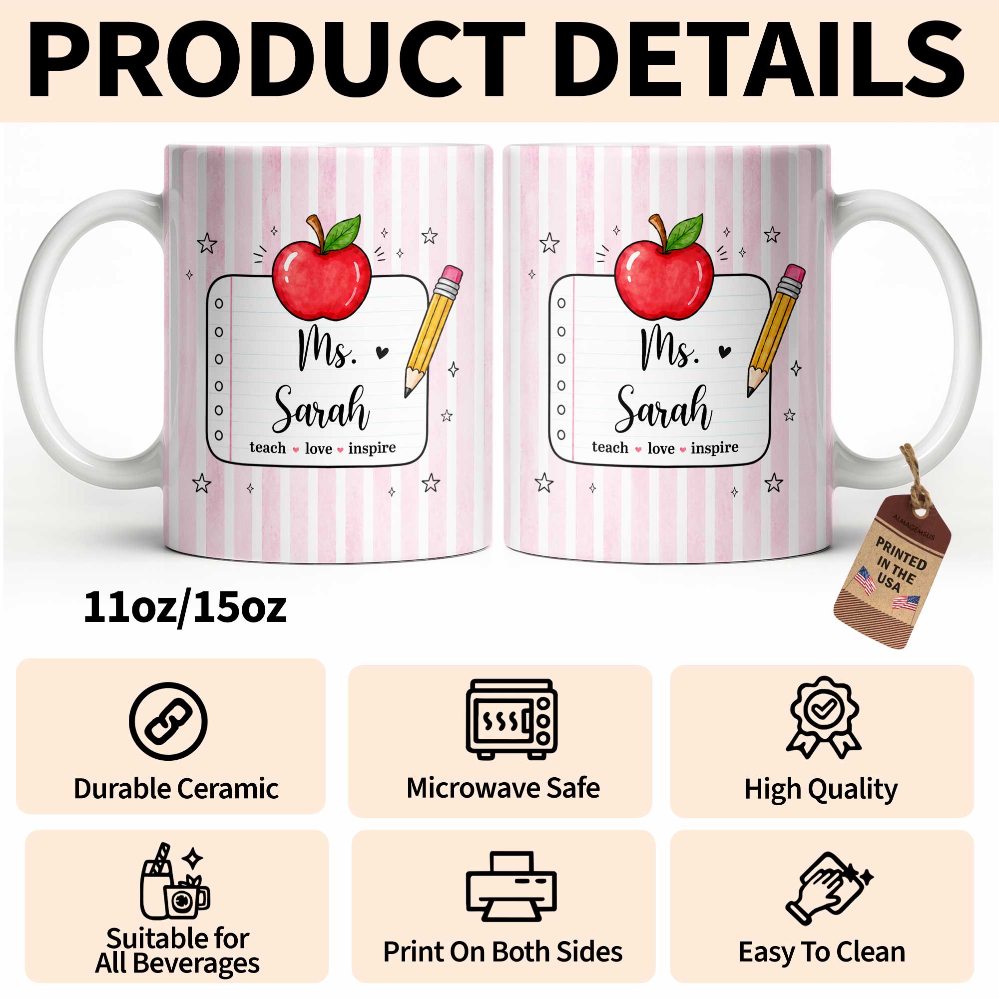 Personalized Teacher Coffee Mug Red Apple Pencil Custom Gift