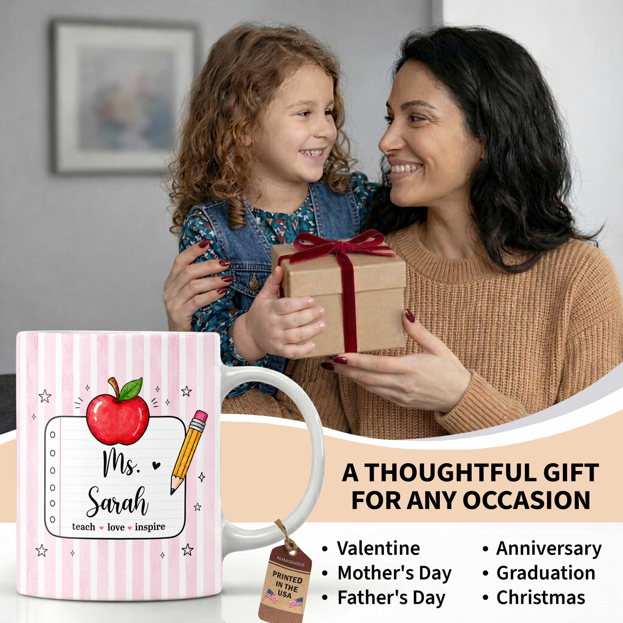 Personalized Teacher Coffee Mug Red Apple Pencil Custom Gift
