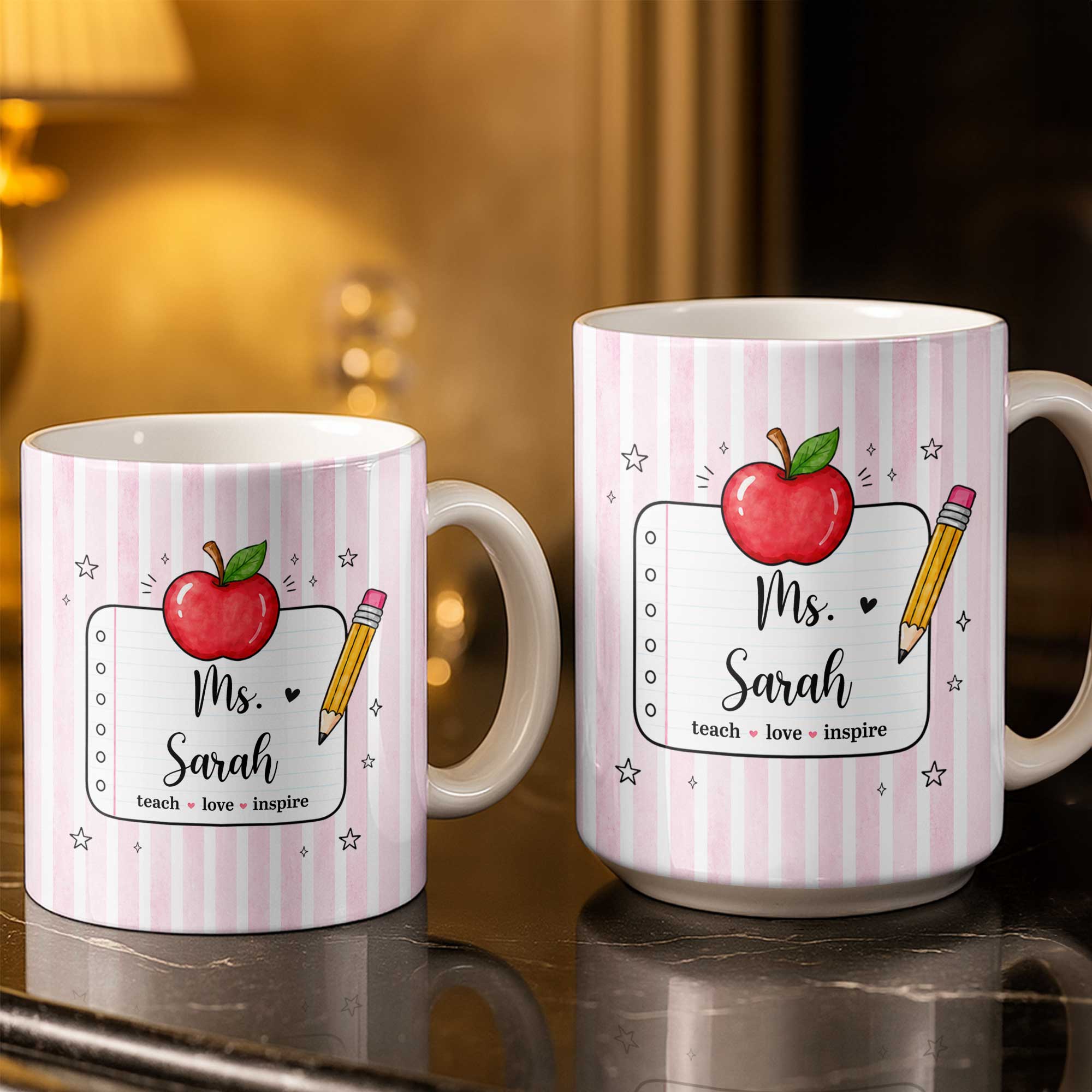 Personalized Teacher Coffee Mug Red Apple Pencil Custom Gift