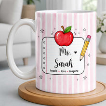 Load image into Gallery viewer, Personalized Teacher Coffee Mug Red Apple Pencil Custom Gift
