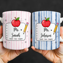 Load image into Gallery viewer, Personalized Teacher Coffee Mug Red Apple Pencil Custom Gift
