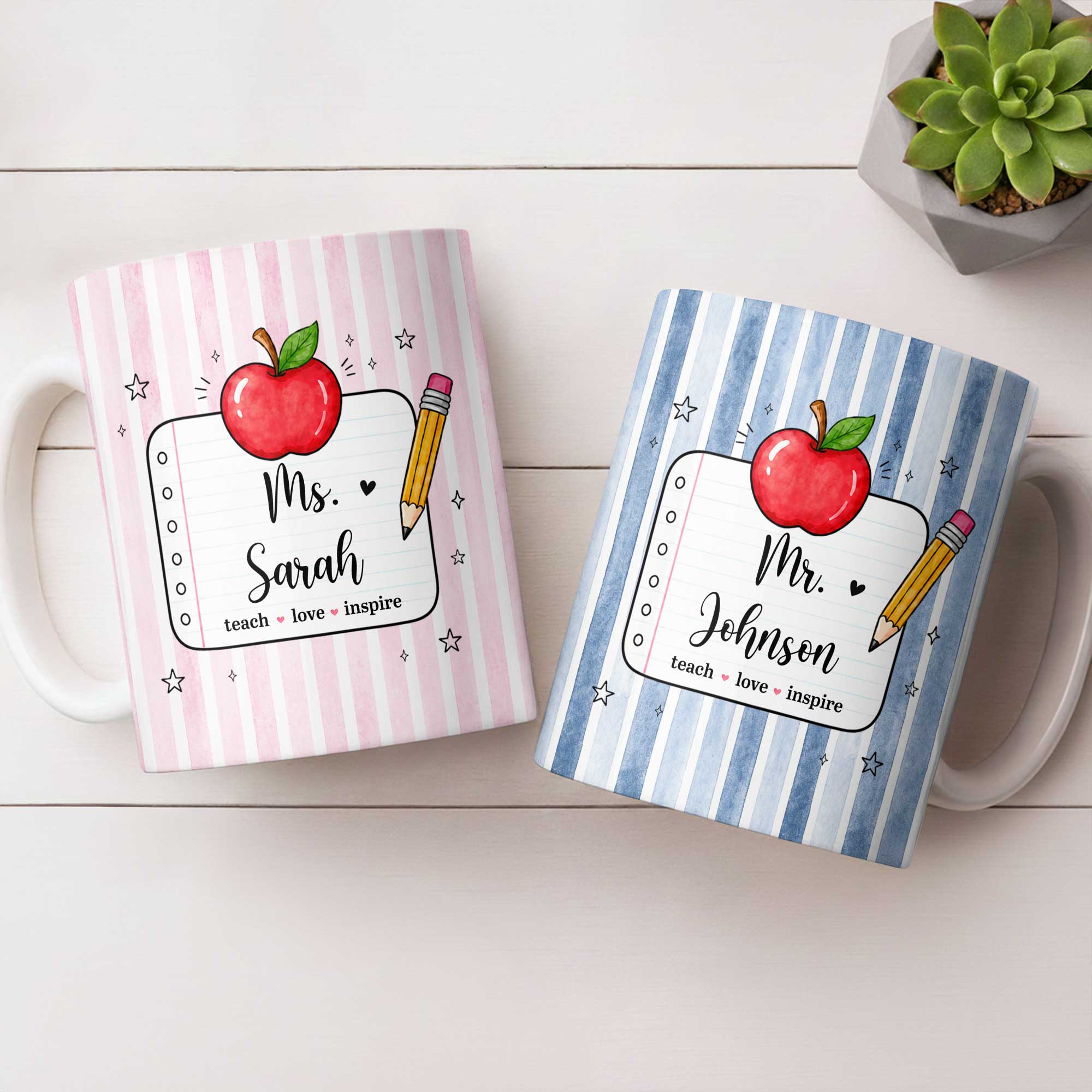 Personalized Teacher Coffee Mug Red Apple Pencil Custom Gift