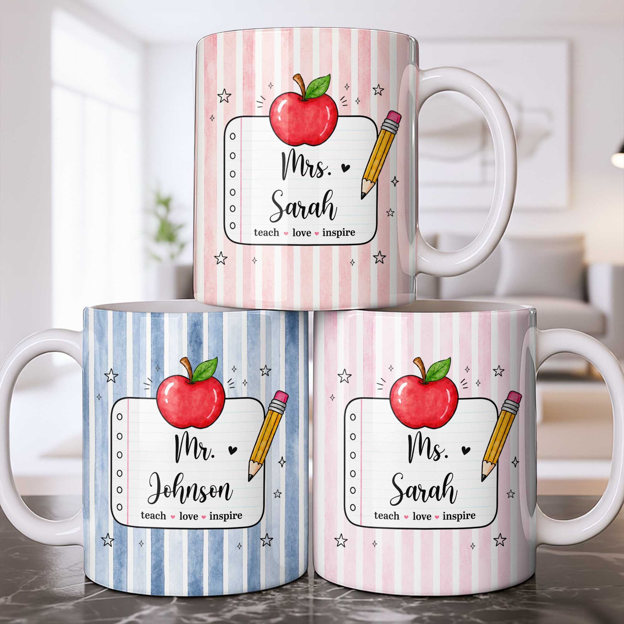 Personalized Teacher Coffee Mug Red Apple Pencil Custom Gift