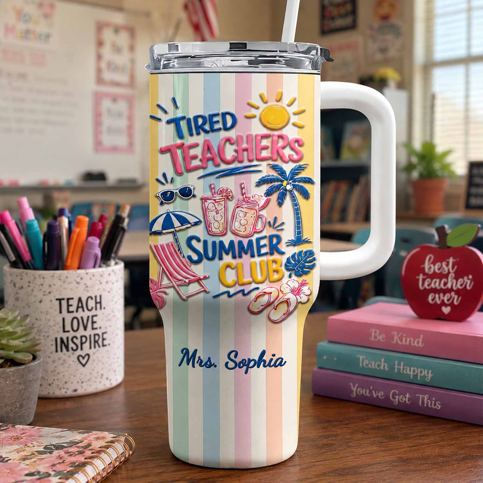 Personalized 40oz Tumbler with Beach Design Custom Name Gift for Teachers